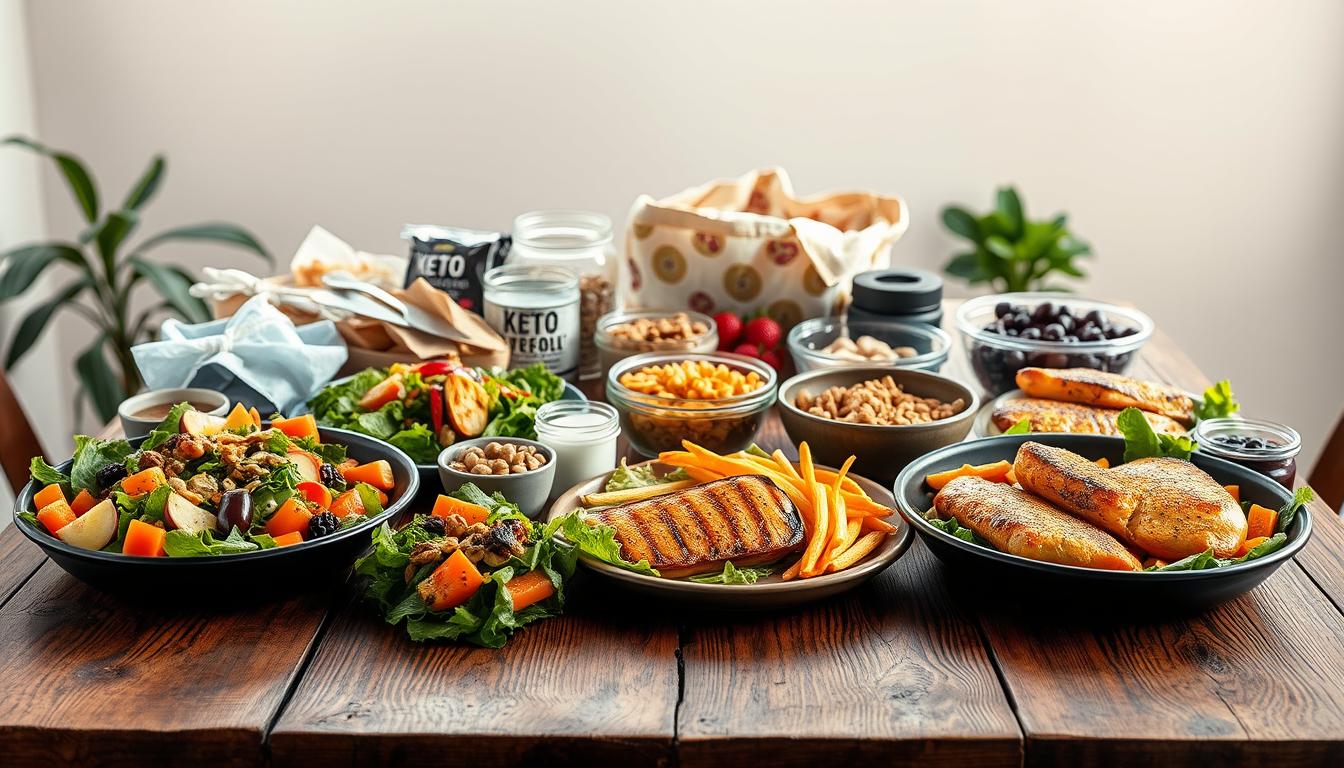 A bountiful display of keto-friendly meals neatly arranged on a rustic wooden table, bathed in warm, vibrant lighting. In the foreground, an array of colorful salads, roasted vegetables, and grilled protein sources like salmon and chicken. In the middle ground, various keto-approved snacks and beverages, including nuts, berries, and a glass of water. The background features a simple, minimalist setting with hints of greenery, creating a calm and inviting atmosphere. The overall composition conveys a sense of health, organization, and the convenience of a well-planned 5-day keto meal prep strategy.