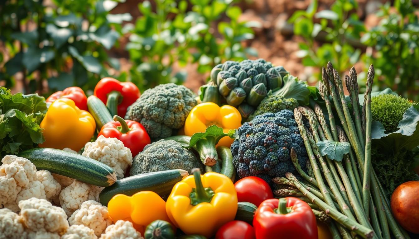A bountiful display of low-carb vegetable alternatives against a vibrant, earthy backdrop. In the foreground, an assortment of freshly harvested produce - crisp cauliflower florets, tender zucchini spears, and juicy bell peppers in a vibrant palette of greens, yellows, and reds. The middle ground showcases hearty broccoli crowns, nutrient-dense kale leaves, and slender asparagus spears, all illuminated by soft, natural lighting that casts gentle shadows. In the background, a lush, verdant garden scene frames the scene, hinting at the abundance and versatility of these economical, low-carb vegetable options.