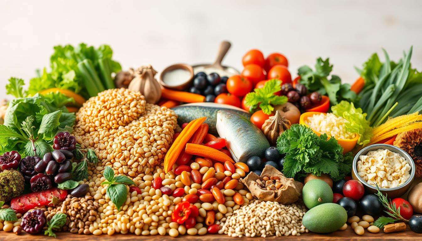 A bountiful display of vibrant, nutrient-dense foods against a crisp, clean backdrop. In the foreground, an array of colorful whole grains, legumes, and leafy greens - the foundations of a CCK-boosting diet. Nestled among them, a selection of aromatic herbs and spices, their vibrant hues and textures complementing the scene. In the middle ground, a variety of oily fish, fresh berries, and fermented products, each contributing to the overall balance of this CCK-optimizing tableau. The background features a softly blurred, natural setting, hinting at the importance of a holistic, whole-food approach to regulating this critical satiety hormone. Warm, diffused lighting casts a gentle glow, emphasizing the nourishing vitality of these carefully curated, CCK-boosting foods.