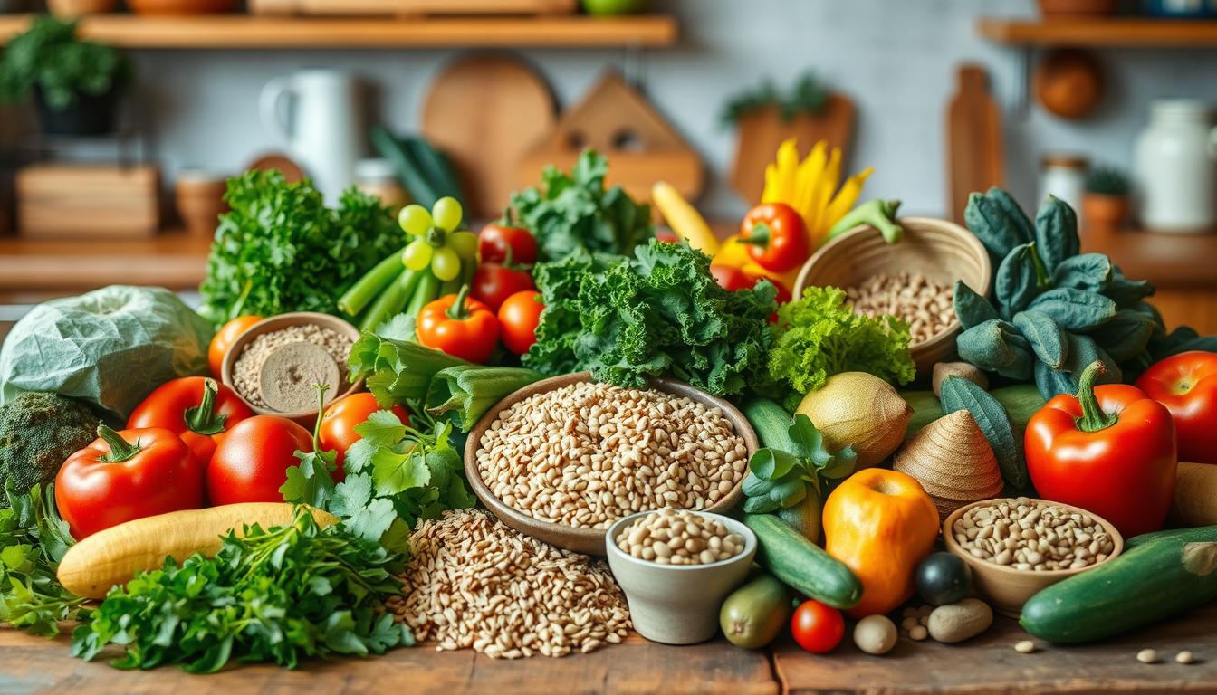 A bountiful still life showcasing a variety of nutritious, whole-food ingredients arranged on a rustic wooden table. In the foreground, an assortment of fresh vegetables and fruits, their vibrant colors and textures highlighting the abundance of natural goodness. In the middle ground, an array of whole grains, legumes, and healthy fats, symbolizing the building blocks of a balanced, transitional diet. In the background, a softly-lit kitchen setting, evoking a sense of warmth, comfort, and the potential for culinary creativity. The overall scene conveys a mood of optimism, vitality, and the promise of a smooth, sustainable dietary shift.