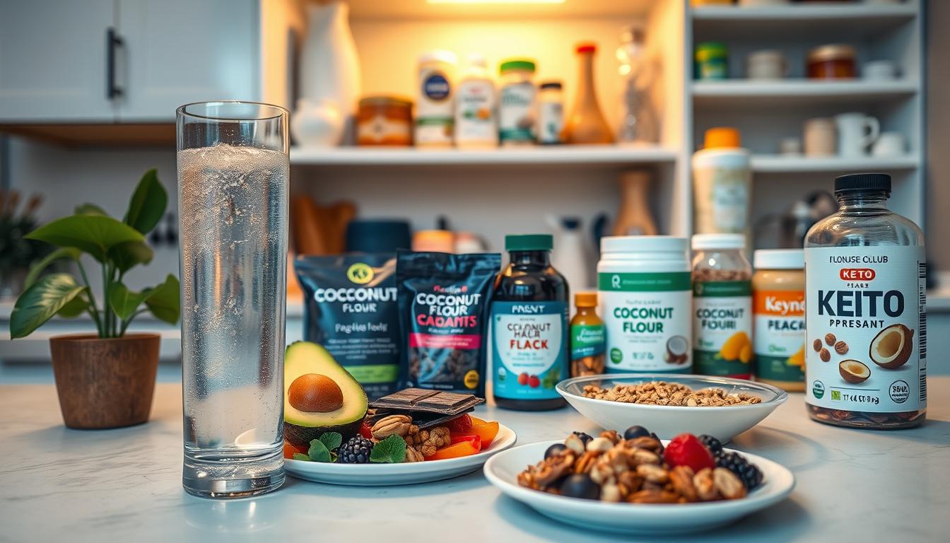 A bright and cheerful kitchen counter, filled with a variety of keto-friendly foods and supplements. In the foreground, a glass of electrolyte-rich water and a plate of avocado, nuts, and berries. In the middle ground, an array of keto-approved snacks, such as beef jerky, dark chocolate, and MCT oil. The background showcases a vibrant, well-stocked pantry with shelves of low-carb staples like coconut flour, chia seeds, and psyllium husk. Soft, warm lighting illuminates the scene, creating a cozy and inviting atmosphere. The overall mood is one of wellness, preparedness, and a proactive approach to managing the keto flu.