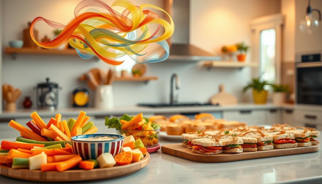 A cheerful kitchen counter, filled with an array of low-carb snacks and healthy treats. In the foreground, a platter of veggie sticks, cheese cubes, and protein-rich dips. Floating above, a cloud of vibrant swirling colors in a playful, party-like atmosphere. In the middle ground, a variety of miniature sandwiches on low-carb bread, neatly arranged. The background features a brightly lit, airy space with modern, kid-friendly decor, inviting families to indulge in a delightful low-carb celebration. Soft, warm lighting casts a welcoming glow, capturing the essence of a successful kids' party survival tactic.