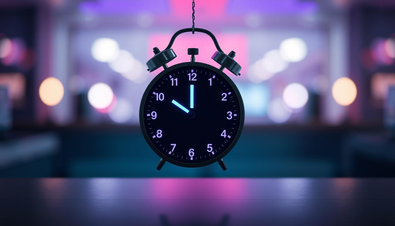 A clean, minimalist illustration of an intermittent fasting schedule. In the foreground, a sleek, digital-style clock face with the hours of the day displayed in a vibrant, neon-like palette. The clock is suspended against a blurred, out-of-focus background, creating a sense of depth and focus on the central element. The overall mood is modern, elegant, and informative, guiding the viewer's understanding of the intermittent fasting concept through a simple, visually striking representation.