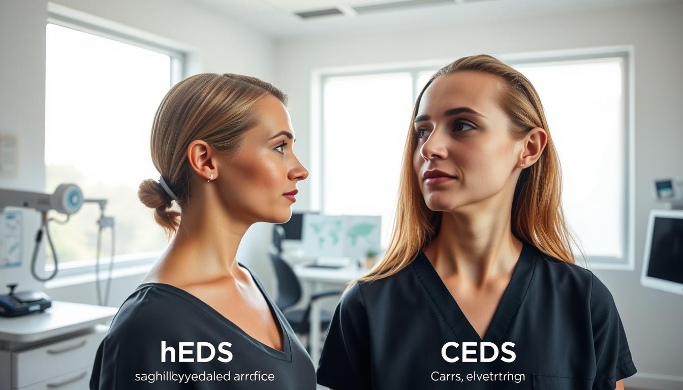 A clinical examination room, brightly lit with soft, diffused natural light filtering through large windows. In the foreground, two patient profiles are showcased - one for hypermobile Ehlers-Danlos syndrome (hEDS) and the other for classical Ehlers-Danlos syndrome (cEDS). The hEDS profile highlights joint laxity, skin hyperextensibility, and a vibrant, healthy-looking complexion. The cEDS profile emphasizes firm, velvety skin, scarring, and a slightly flushed appearance. In the middle ground, medical instruments and charts provide context, while the background features a neutral, calming color palette to focus attention on the clinical profiles. The overall scene conveys a sense of medical expertise and attention to detail in understanding the nuanced differences between these two connective tissue disorders.