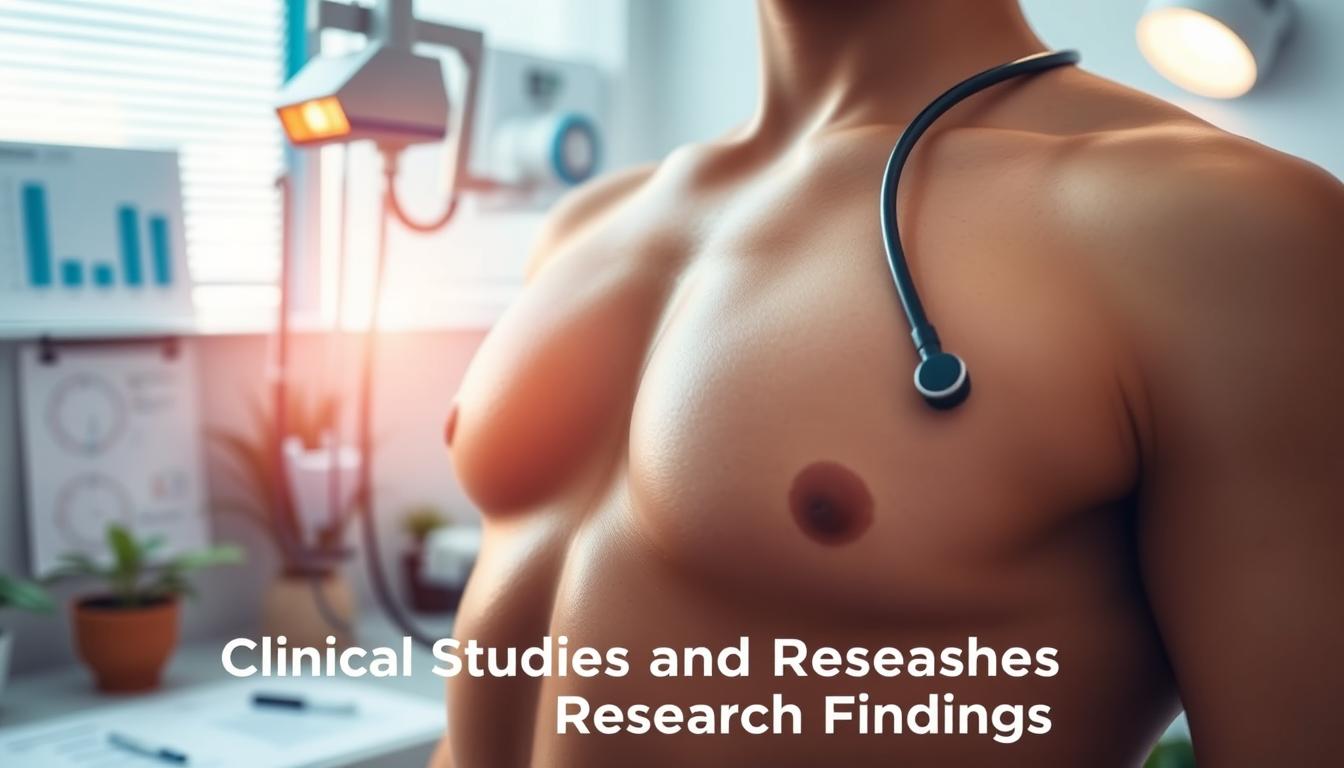 A clinical study on body composition, showcased in a serene, vibrant setting. A close-up view of a person's torso, their skin glowing with health, as diagnostic tools and charts surround them. The lighting is soft and natural, casting a warm, inviting atmosphere. The background features a clean, minimalist medical environment, with a hint of greenery and natural elements to create a calming, professional ambiance. The overall scene conveys a sense of scientific inquiry and well-being, capturing the essence of the "Clinical Studies and Research Findings" section.