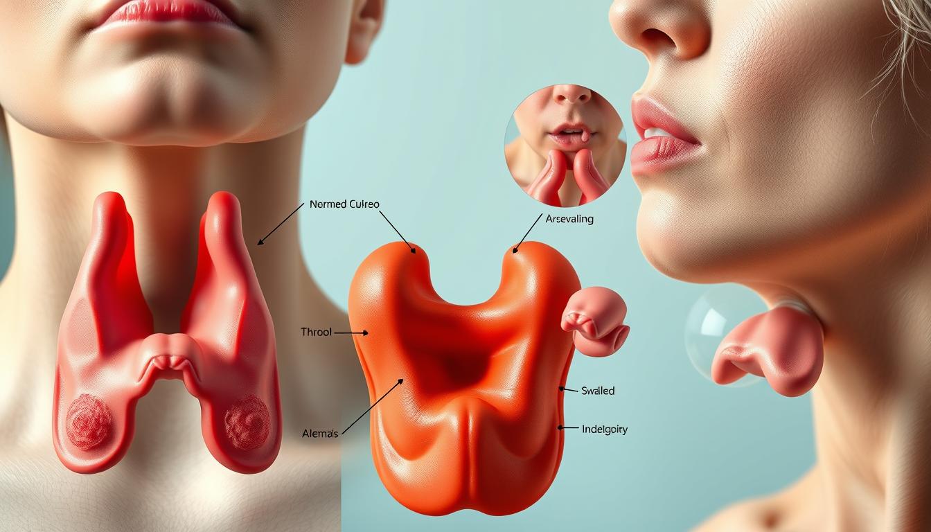 A close-up comparison of common thyroid symptoms, showcased in a vibrant, well-lit medical illustration. The foreground features detailed anatomical depictions of a normal thyroid gland alongside enlarged, inflamed, and irregular thyroid shapes, highlighting key differences. The middle ground presents side-by-side visual cues like swelling, bulging eyes, and skin discoloration. The background subtly blends soothing, muted tones to keep the focus on the central medical information. Crisp, high-resolution rendering with a slight depth of field effect to emphasize the diagnostic elements. A close-up comparison of common thyroid symptoms, showcased in a vibrant, well-lit medical illustration. The foreground features detailed anatomical depictions of a normal thyroid gland alongside enlarged, inflamed, and irregular thyroid shapes, highlighting key differences. The middle ground presents side-by-side visual cues like swelling, bulging eyes, and skin discoloration. The background subtly blends soothing, muted tones to keep the focus on the central medical information. Crisp, high-resolution rendering with a slight depth of field effect to emphasize the diagnostic elements.
