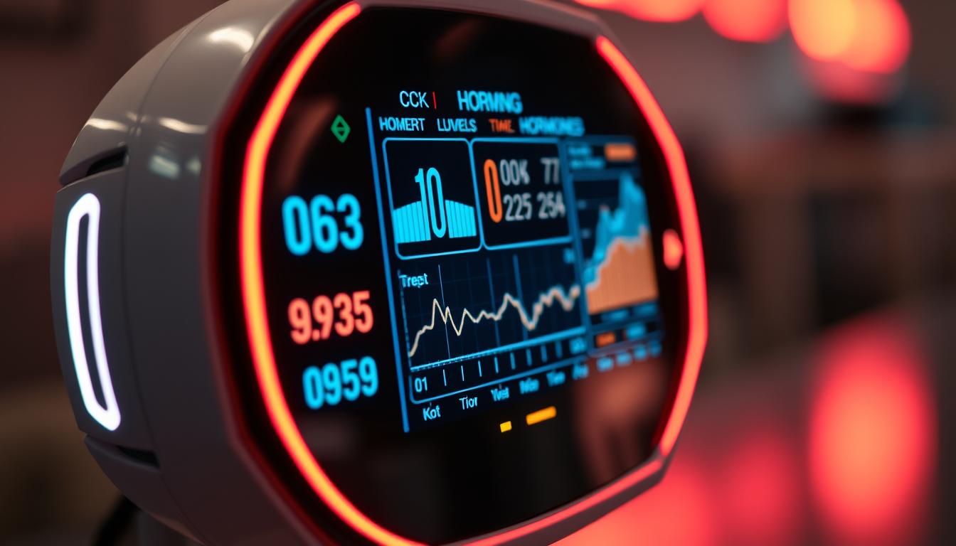 A close-up, detailed view of a futuristic medical device displaying a variety of hormone levels and graphs. The device's sleek, minimalist design is bathed in a vibrant, neon-like glow, creating an atmosphere of advanced technology and precision. The display shows real-time data and trends for hormones related to weight control, such as CCK, providing the user with a comprehensive, interactive interface to monitor their body's internal systems. The background is blurred, emphasizing the focal point of the device and the critical information it presents. Crisp, high-resolution imaging and a sense of scientific authority convey the emerging technologies in hormone tracking for weight management.