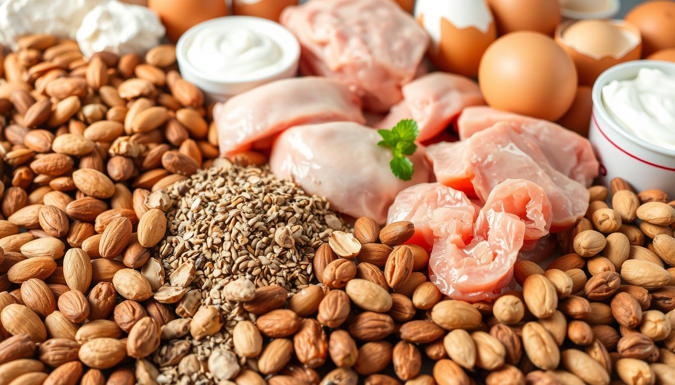 A close-up, flat-lay photograph of an assortment of budget-friendly, keto-friendly protein sources. In the foreground, a variety of nuts and seeds such as almonds, walnuts, and chia seeds are arranged neatly. In the middle ground, lean cuts of meat like chicken breast and ground turkey are displayed. In the background, eggs and low-fat dairy products like cottage cheese and Greek yogurt create a vibrant, high-contrast scene, bathed in soft, natural lighting. The overall composition conveys a sense of abundance and accessibility, highlighting how a keto diet can be maintained on a budget.