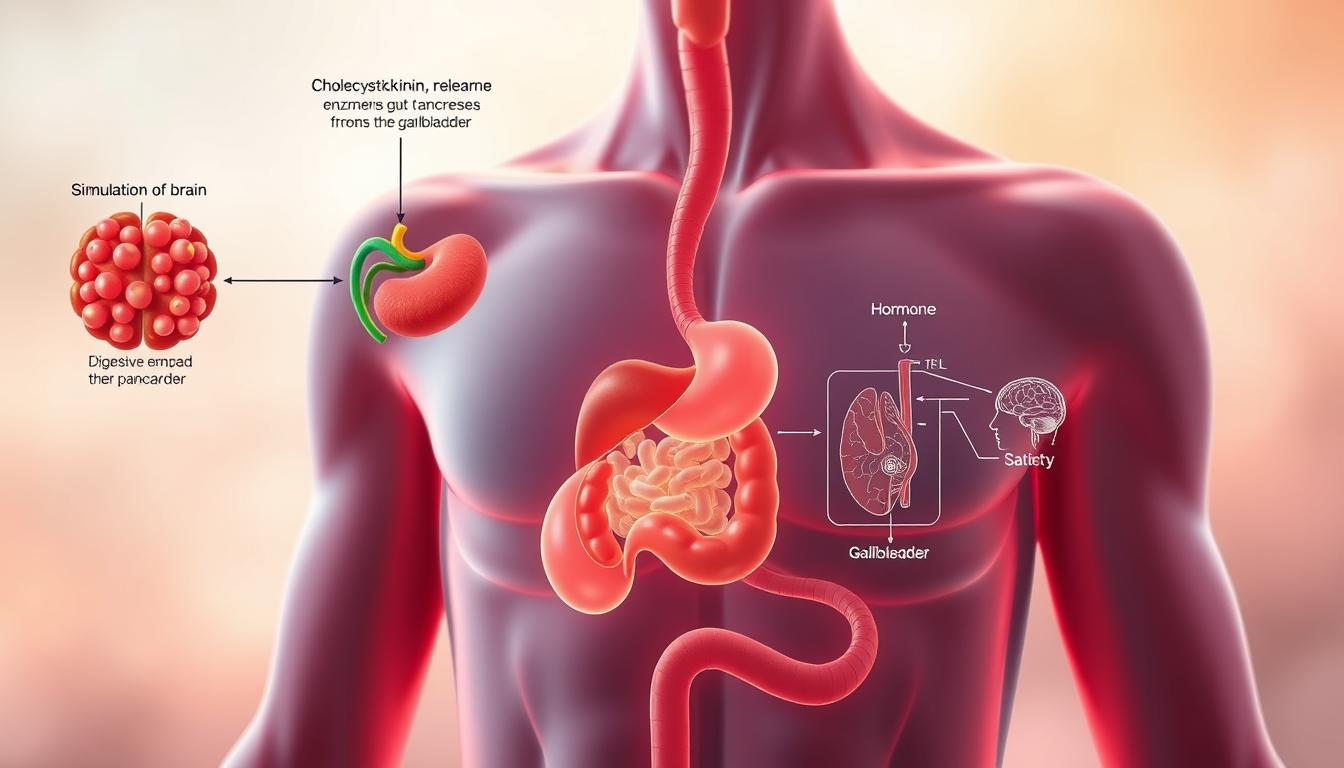 A close-up, highly detailed illustration depicting the dual role of cholecystokinin (CCK) in the human body. In the foreground, a vibrant, annotated diagram showcases the hormone's function in stimulating the release of digestive enzymes from the pancreas and the contraction of the gallbladder, aiding in the digestion process. In the middle ground, a series of anatomical illustrations highlights CCK's connection to satiety, illustrating how the hormone signals the brain to induce a feeling of fullness and satisfaction after eating. The background features a softly blurred, atmospheric setting, emphasizing the importance of this gut-brain axis in maintaining overall health and well-being. Rendered with a high-quality, photorealistic style and vivid, natural color palette.
