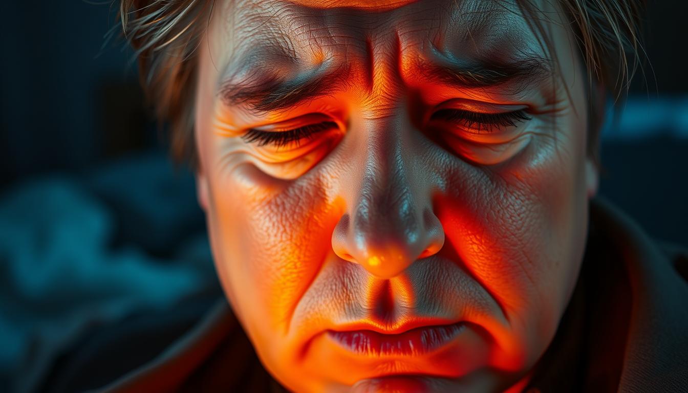 A close-up, hyper-realistic portrait of a person's face, illuminated by warm, vibrant lighting. The skin appears slightly flushed, with dark circles under the eyes and a weary, fatigued expression. The person's hair is disheveled, and their eyes are half-lidded, conveying a sense of exhaustion. In the background, subtle visual cues suggest a disturbance in the person's sleep cycle, such as a dimly lit bedroom or a tossed and rumpled bedsheet. The overall atmosphere is one of hormonal imbalance and the negative effects of poor sleep, capturing the vicious cycle of snoring, sleep apnea, and weight gain.