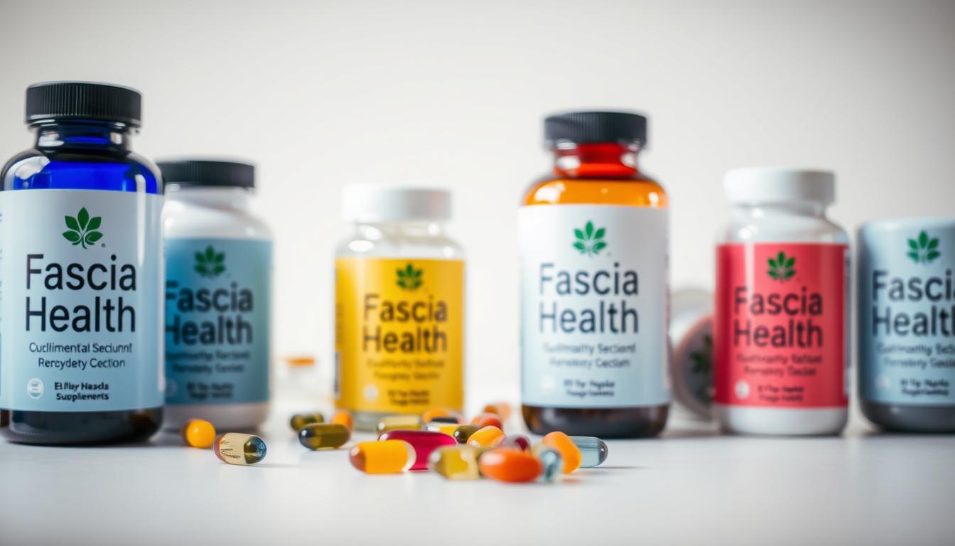 A close-up image of several colorful health supplement bottles and capsules arranged on a clean, white surface. The bottles have clear labels displaying the words "Fascia Health" prominently. The lighting is soft and diffused, creating a warm, inviting atmosphere. The composition emphasizes the vibrant, natural colors of the supplements, drawing the viewer's attention to their potential benefits for maintaining healthy fascia. The image conveys a sense of purity, wellness, and the importance of supporting the body's connective tissues, particularly for those living with Ehlers-Danlos syndrome.