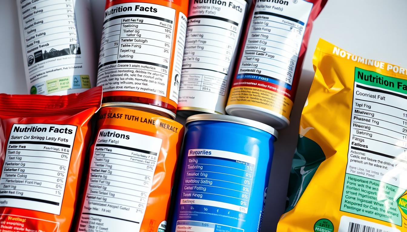 A close-up image of several nutrition labels from various keto-friendly food products, arranged in a visually compelling layout. The labels feature bold typography, clear calorie and macronutrient information, and vibrant, high-contrast colors that draw the eye. The lighting is soft and directional, casting subtle shadows and highlights that accentuate the texture and details of the packaging. The background is clean and minimalist, allowing the nutrition facts to be the primary focus. The overall composition is balanced and aesthetically pleasing, conveying the importance of understanding carb content and macronutrient ratios when following a ketogenic diet.