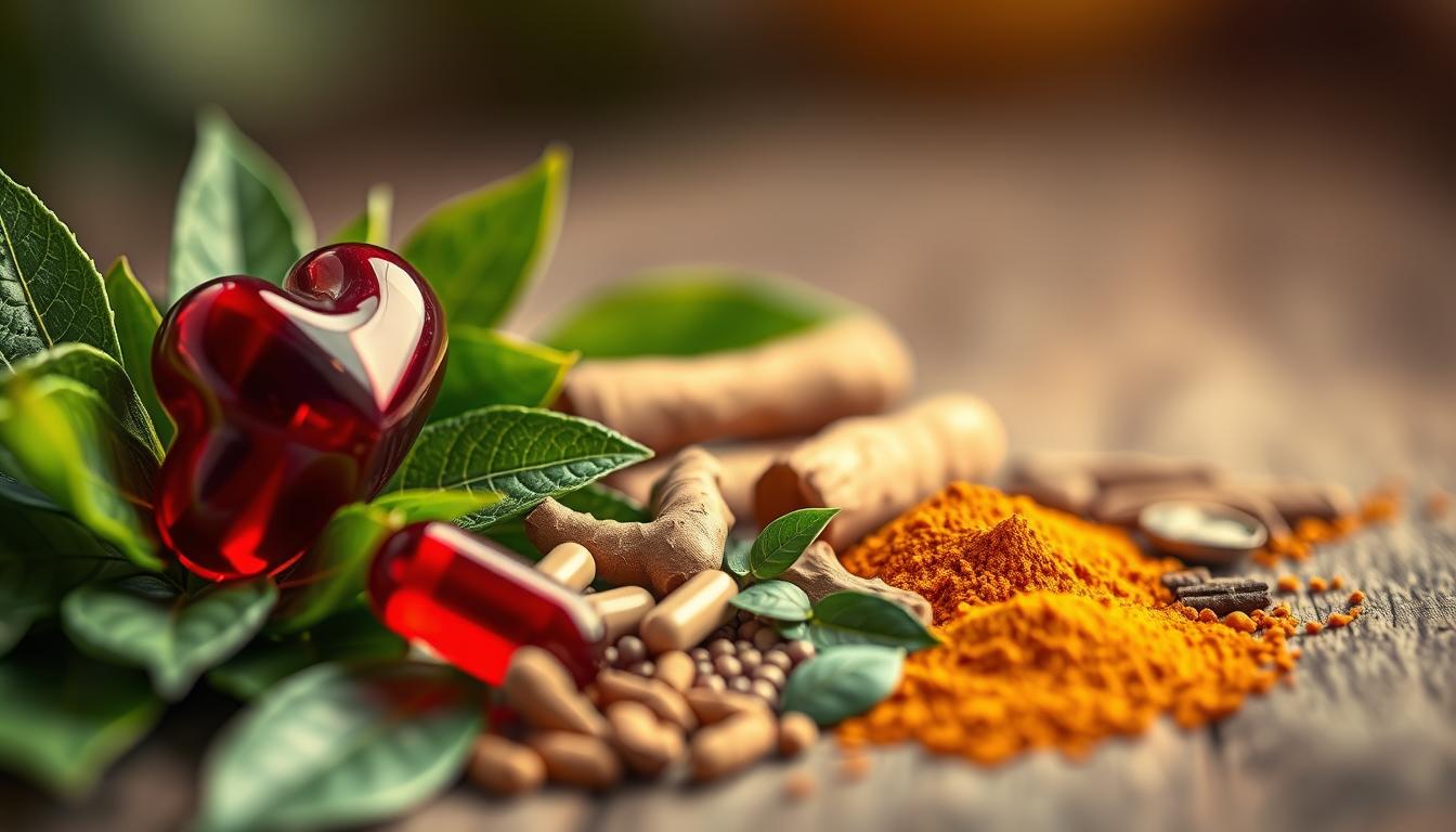 A close-up of a heart-shaped capsule resting on a bed of lush, verdant leaves. The supplement glimmers with a vibrant, ruby-red hue, its surface reflecting the warm, diffused lighting that bathes the scene. In the middle ground, an array of assorted herbal ingredients - ginger root, turmeric, and forskolin extracts - are artfully arranged, hinting at the natural, holistic composition of the heart-health formula. The background fades into a soft, blurred focus, creating a sense of depth and drawing the viewer's attention to the central, hero product. The overall mood is one of wellness, vitality, and the power of nature-based solutions for cardiovascular well-being.