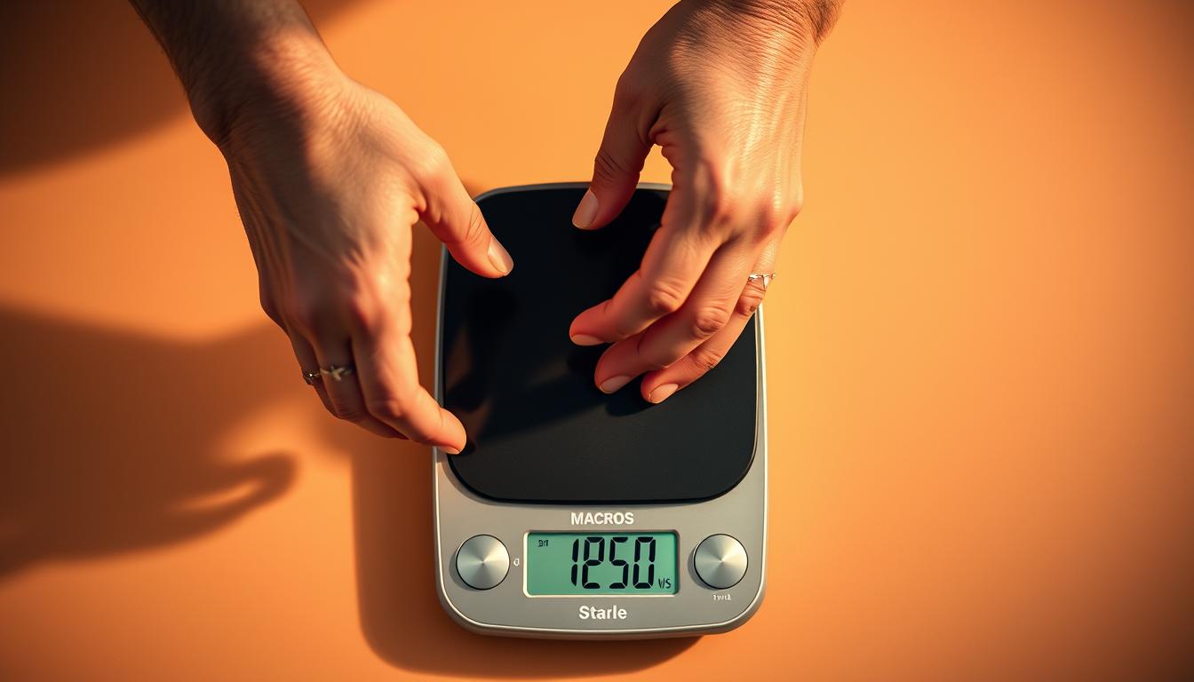 A close-up photograph of a person's hands adjusting the macros on a digital food scale, set against a vibrant, minimalist background. The scale's display shows the precise measurements of the macronutrients being weighed. The hands are focused and determined, reflecting the importance of carefully calibrating one's macros for effective weight loss. Warm, directional lighting casts subtle shadows, adding depth and dimension to the scene. The overall mood is one of precision, control, and a commitment to optimizing one's dietary approach for maximum results.
