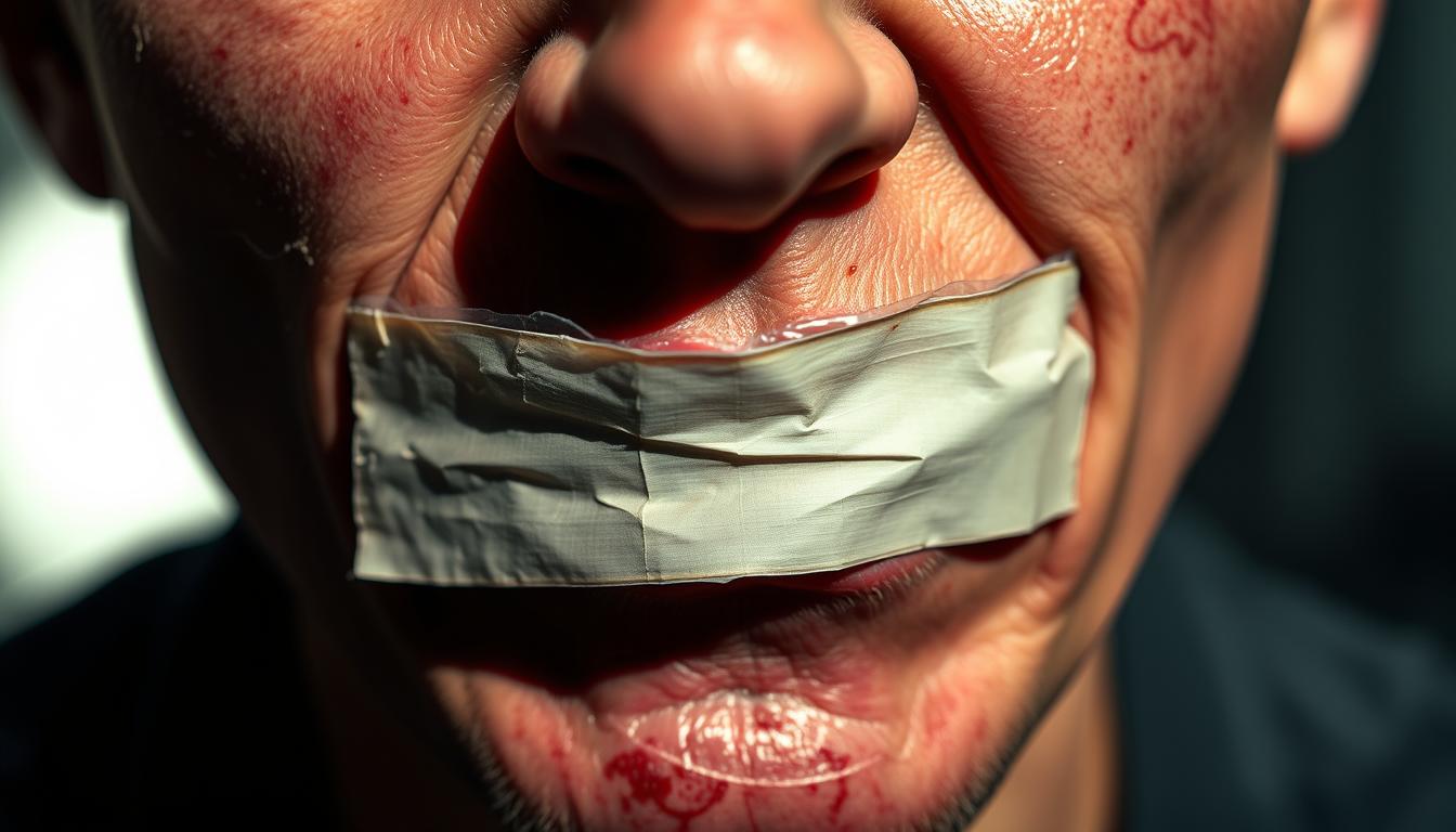 A close-up, realistic depiction of a person's mouth partially covered with medical tape, showcasing the potential risks and side effects. The tape is applied unevenly, creating an unsettling, uncomfortable visual. The lighting is harsh, casting shadows that accentuate the tension and discomfort. The skin around the mouth appears irritated, with a slight redness and inflammation. The expression on the face conveys a sense of discomfort and unease. The background is blurred, keeping the focus solely on the mouth and the potential dangers of this trendy practice. The overall mood is vibrant, unsettling, and thought-provoking, aligning with the article's subject matter.