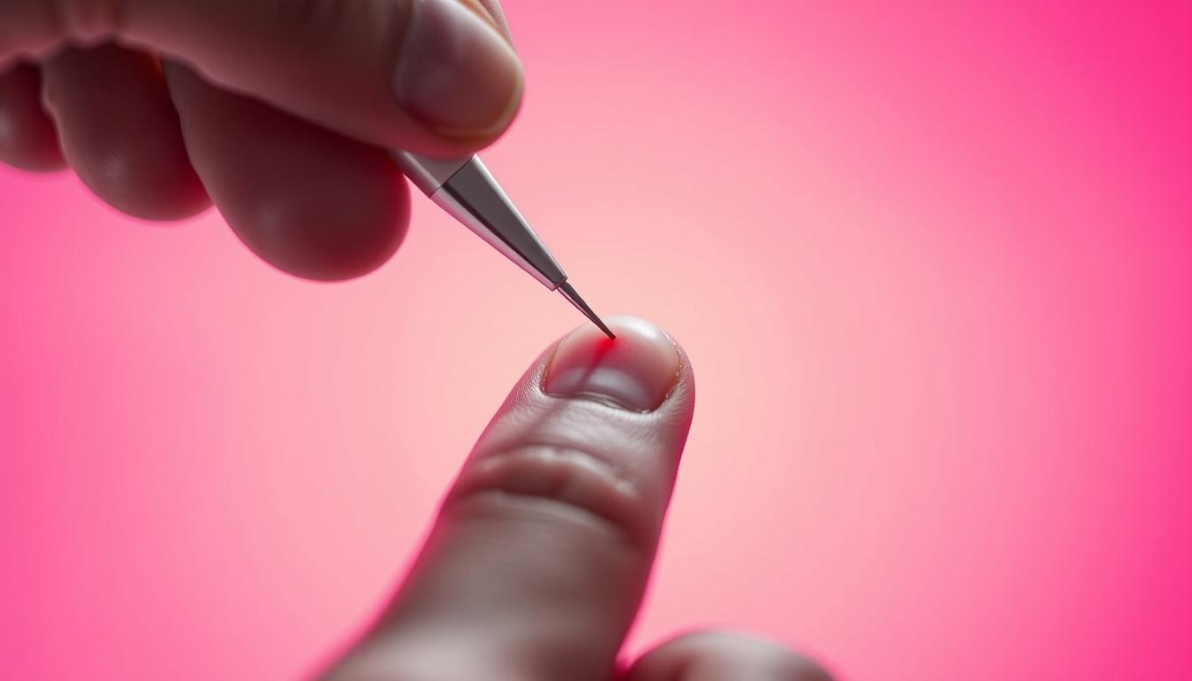 A close-up shot of a hand holding a lancet device over a fingertip, preparing to draw a small blood sample. The fingertip is centered in the frame, with a vibrant, well-lit backdrop that suggests a clean, clinical setting. The lancet device is held firmly, its sharp tip poised to pierce the skin, conveying the technical precision required for at-home thyroid testing. The lighting is soft and diffused, creating a sense of focus and attention to detail. The overall mood is one of professionalism and medical care, reflecting the seriousness of the at-home testing process.
