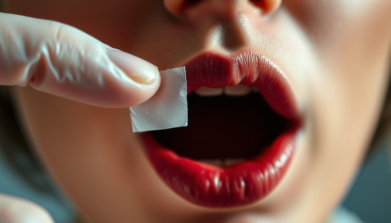 A close-up shot of a human hand gently applying a piece of white medical tape over a partially open mouth, the lips sealed in a subtle pout. The skin around the mouth appears smooth and unblemished, the lighting soft and flattering, creating a vibrant, almost clinical atmosphere. The focus is sharp, drawing the viewer's attention to the delicate, precise application of the tape, emphasizing the technique and precision of the action. The background is blurred, keeping the emphasis on the central subject and its intricate details.