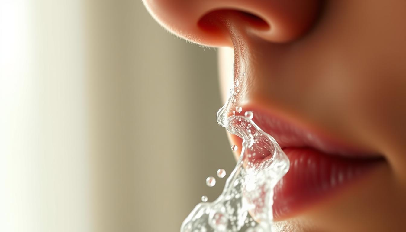 A close-up shot of a person's nasal cavity, illuminated by a soft, natural light. The intricate nasal structures are clearly visible, including the delicate mucous membranes and tiny hair-like cilia that filter the air. In the foreground, a gentle stream of water is being gently flushed through the nostrils, creating a vibrant, mist-like effect. The background is blurred, creating a sense of focus on the nasal irrigation process, which is depicted as a calming, therapeutic experience for better breathing and respiratory health.