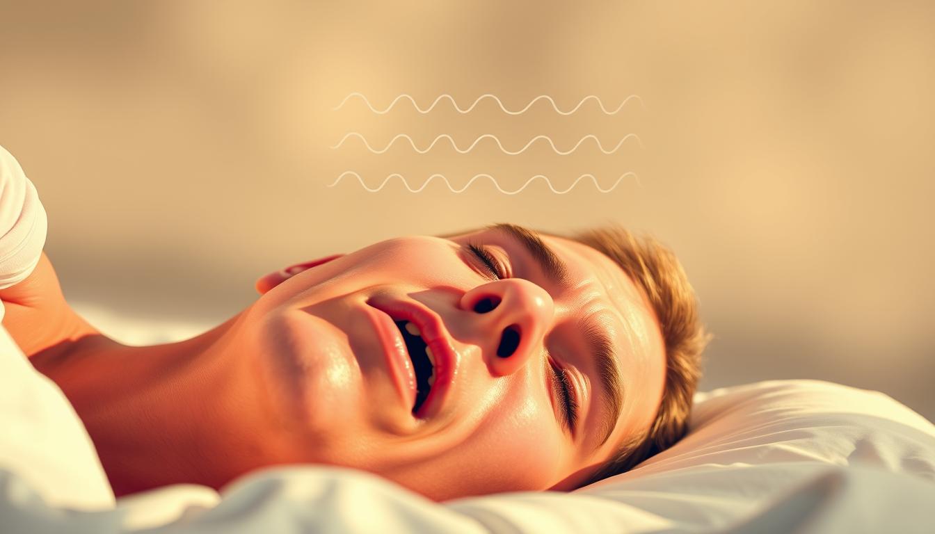 A close-up, vibrant illustration of sleep apnea symptoms. In the foreground, a person's head rests on a pillow, their mouth slightly open and their expression suggesting difficulty breathing. The middle ground depicts a series of wavy lines radiating from the head, symbolizing the irregular breathing patterns associated with sleep apnea. The background is hazy and muted, creating a sense of unease and restlessness. The lighting is soft and warm, casting gentle shadows that accentuate the facial features and the struggle to breathe. The overall mood evokes the discomfort and health concerns of this serious condition.
