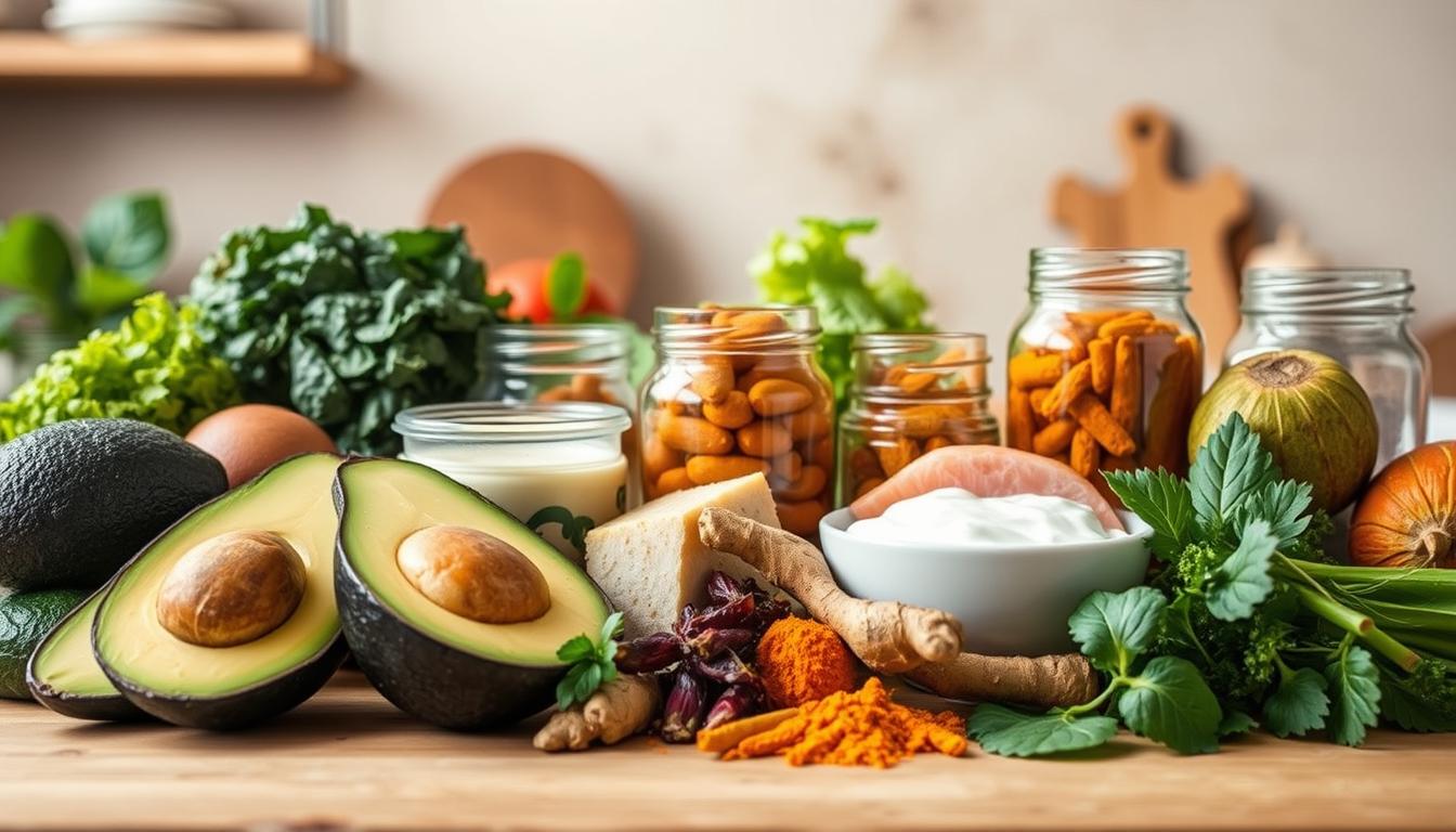 A close-up, vibrant photograph of diverse, colorful foods and supplements that naturally boost cholecystokinin (CCK) production. In the foreground, a variety of gut-healthy ingredients like avocado, dark leafy greens, fatty fish, and probiotic-rich yogurt are neatly arranged. The middle ground features glass jars filled with herbal CCK-enhancing supplements like ginger, turmeric, and bitter melon. The background softly blurs to reveal a soothing, earthy-toned kitchen environment with natural lighting filtering in. The overall mood is one of balance, vitality, and the power of whole foods and supplements to support the gut-brain connection and CCK regulation.
