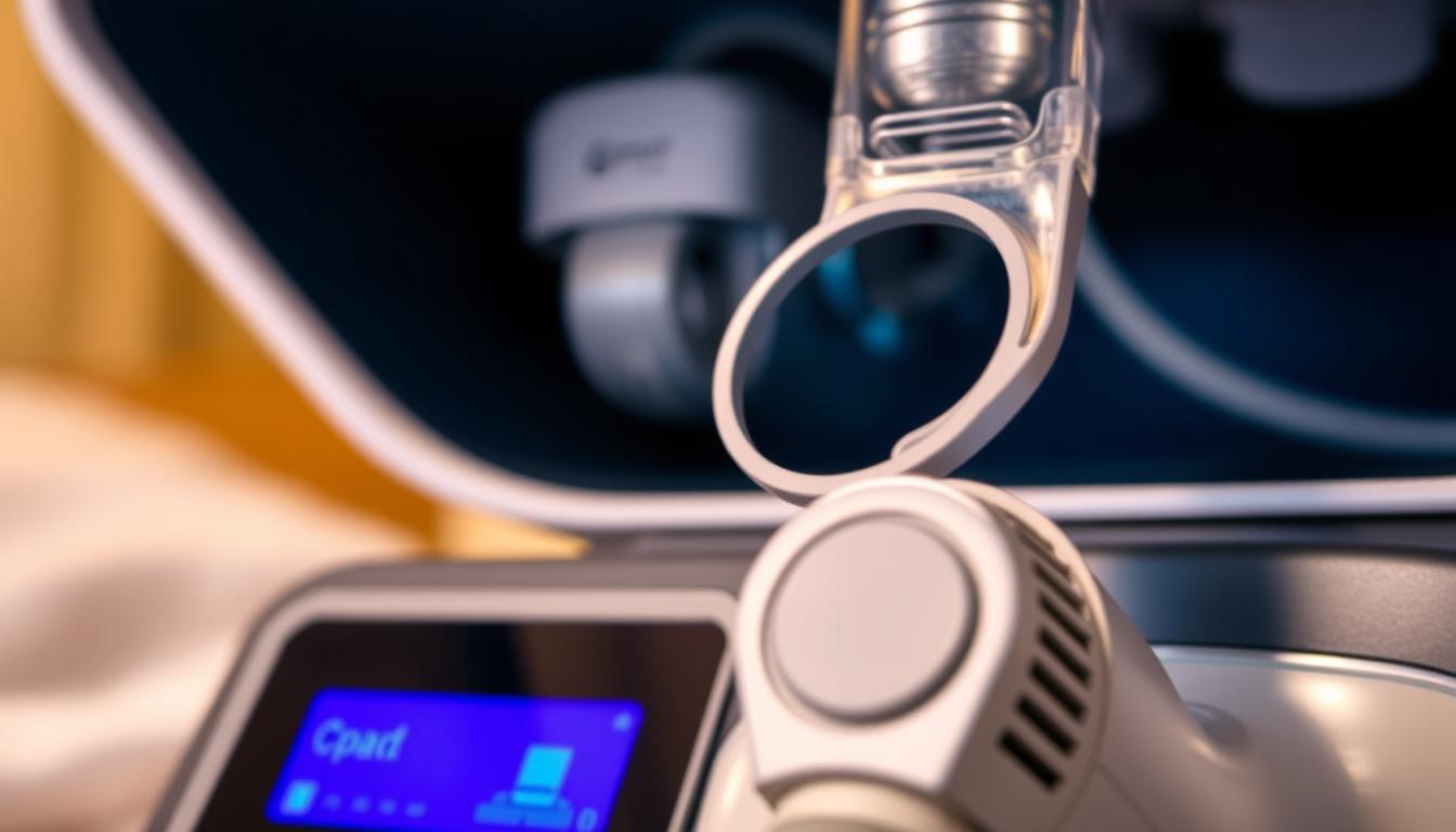 A close-up view of a CPAP machine's air filtration system, showcasing the intricate airflow pathways. In the vibrant, well-lit foreground, the machine's air intake vent is prominently displayed, surrounded by a sleek, modern design. The middle ground reveals the inner workings, with the air compressor and tubing visible, hinting at the machine's efficient operation. The background is softly blurred, creating a sense of depth and focus on the central device. The overall scene conveys the technical sophistication and reliable performance of the CPAP machine, crucial for effective sleep apnea treatment.