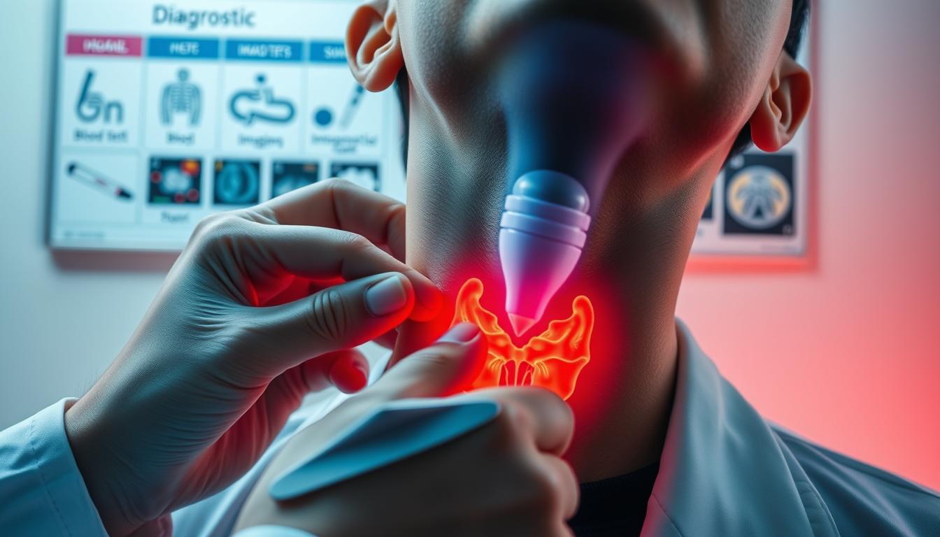 A close-up view of a doctor's hands examining a patient's neck, revealing the intricate structure of the thyroid gland. In the background, a medical chart displaying various diagnostic methods, including ultrasound, blood tests, and imaging scans. The scene is bathed in a vibrant, clinical lighting, highlighting the precision and care required for an accurate thyroid diagnosis. A close-up view of a doctor's hands examining a patient's neck, revealing the intricate structure of the thyroid gland. In the background, a medical chart displaying various diagnostic methods, including ultrasound, blood tests, and imaging scans. The scene is bathed in a vibrant, clinical lighting, highlighting the precision and care required for an accurate thyroid diagnosis.