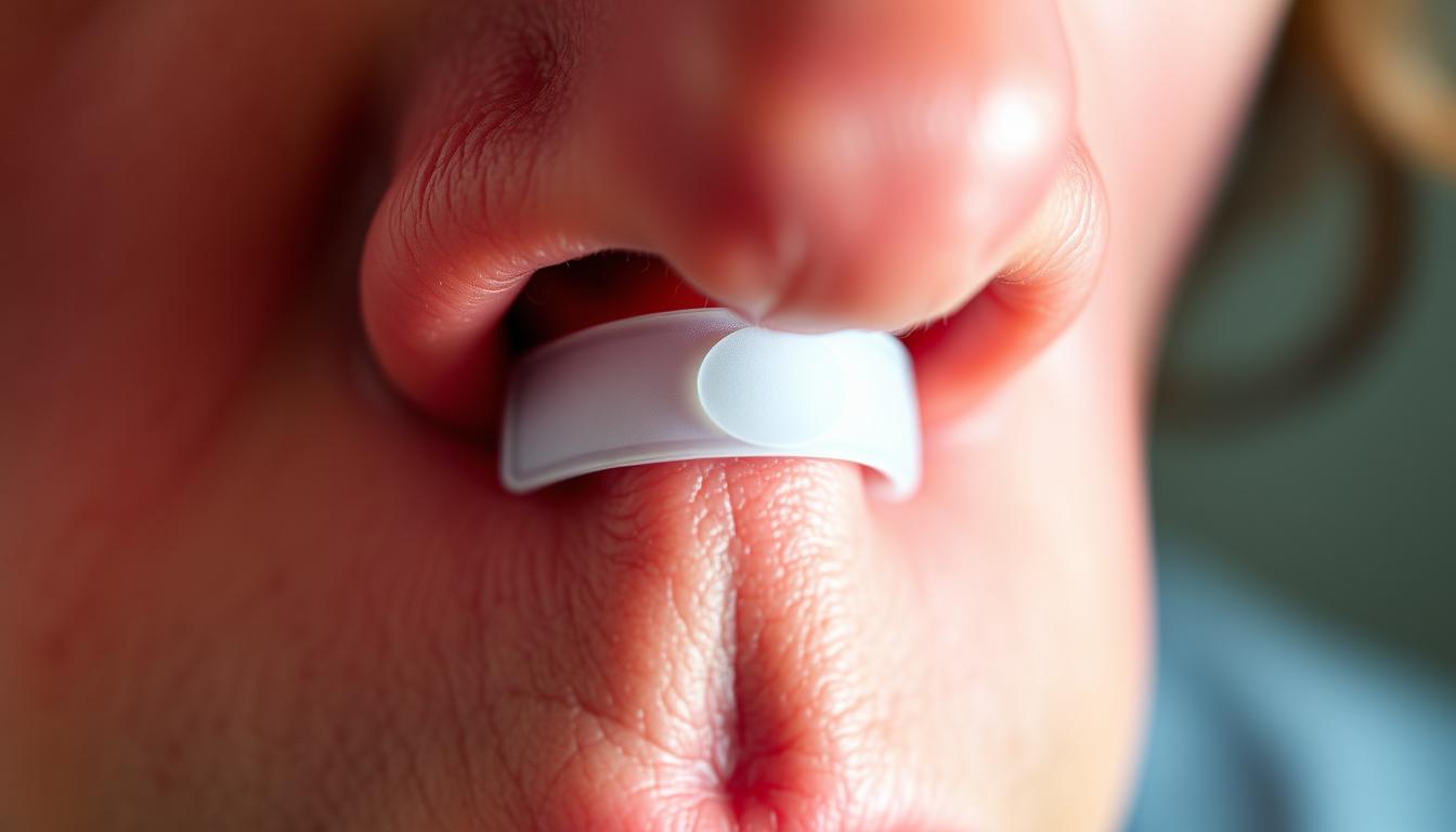 A close-up view of a human nose, showcasing the limitations of nasal strips. The skin around the nostrils appears tight and slightly reddened, with the nasal strip visibly struggling to maintain an open airway. The lighting is vibrant, creating a sense of clarity and attention to detail. The focus is sharp, drawing the viewer's eye to the subtle imperfections and challenges posed by this common breathing aid. The background is blurred, keeping the emphasis firmly on the nose and the nasal strip's functionality.