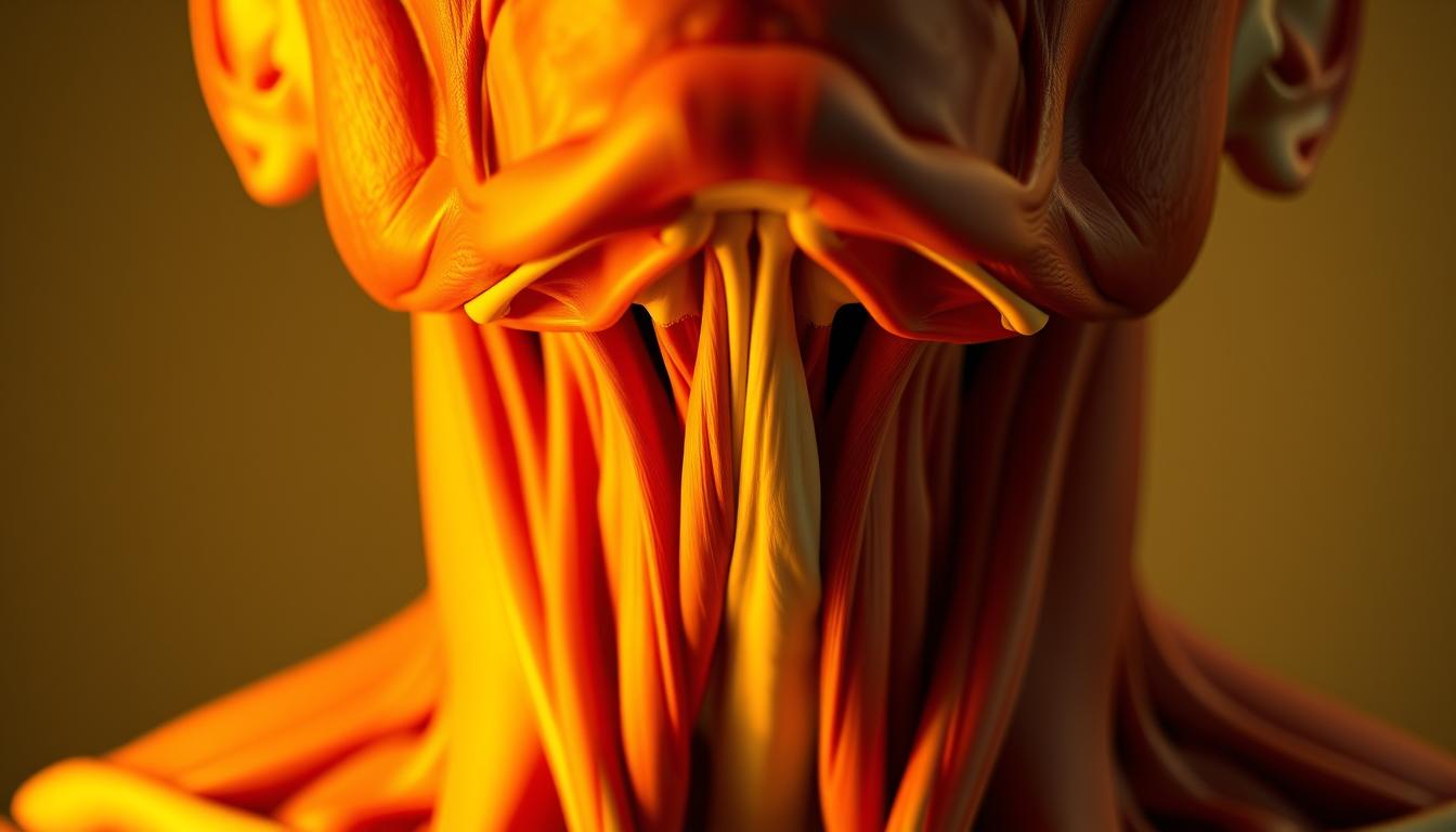 A close-up view of a human throat, showcasing the intricate musculature and soft tissues. The scene is bathed in a vibrant, warm lighting, highlighting the subtle textures and contours of the anatomy. The viewer's perspective is positioned slightly above, creating an engaging and informative composition. The muscles are engaged in a series of dynamic exercises, demonstrating the flexibility and strength of the throat region. The overall mood is one of clinical precision and instructional clarity, suitable for an educational medical illustration.