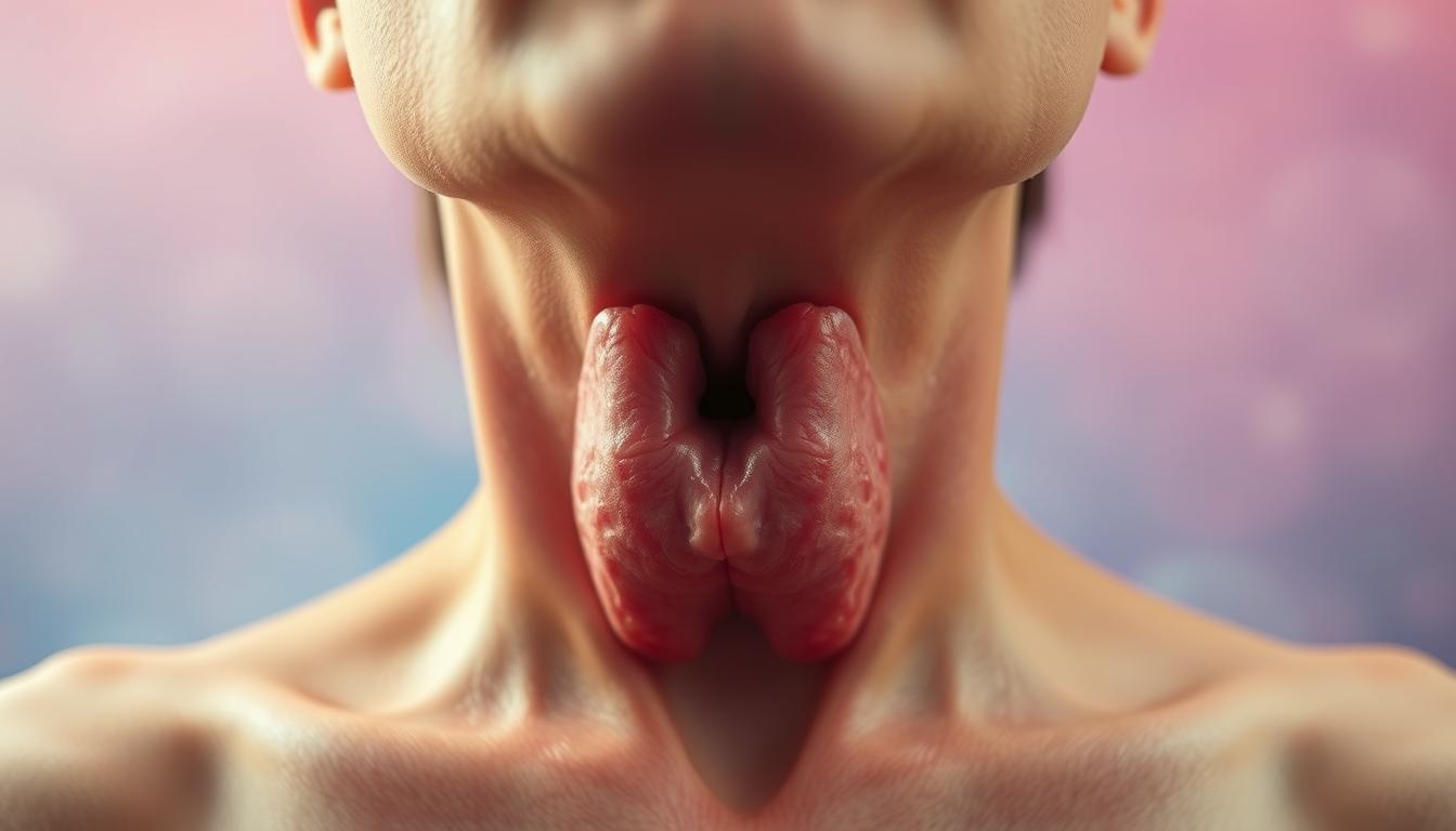 A close-up view of a human thyroid gland, enlarged and inflamed, against a vibrant, hazy backdrop. The gland appears swollen and discolored, indicative of a hormonal imbalance. Soft, diffused lighting casts shadows, emphasizing the textural details of the thyroid's surface. The lens captures the gland in sharp focus, while the background blurs into a dreamy, atmospheric setting, conveying the medical condition's impact on the overall well-being of the individual. A close-up view of a human thyroid gland, enlarged and inflamed, against a vibrant, hazy backdrop. The gland appears swollen and discolored, indicative of a hormonal imbalance. Soft, diffused lighting casts shadows, emphasizing the textural details of the thyroid's surface. The lens captures the gland in sharp focus, while the background blurs into a dreamy, atmospheric setting, conveying the medical condition's impact on the overall well-being of the individual.