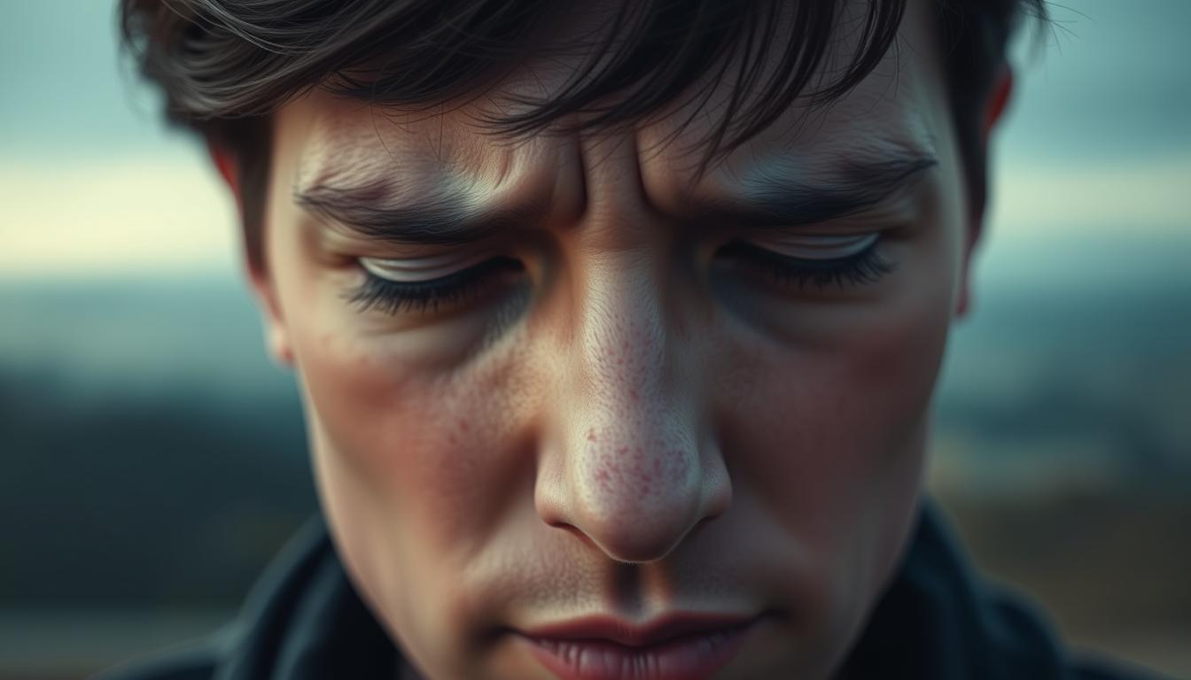 A close-up view of a person's face, brow furrowed and eyes heavy-lidded, conveying the discomfort and fatigue of keto flu symptoms. The skin appears slightly dehydrated, with a subtle sallowness to the complexion. The lighting is soft and diffused, creating a somber, introspective mood. In the background, a hazy, blurred landscape suggests the mental fog and sluggishness associated with carb withdrawal. The overall impression is one of vibrant, yet muted tones, capturing the challenges and struggles of adapting to the keto lifestyle.