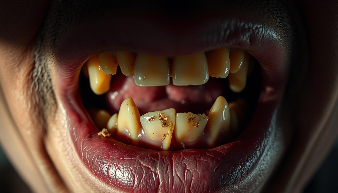 A close-up view of a person's mouth, prominently displaying dry, cracked lips and visibly decaying teeth. The teeth are yellowed, with visible cavities and gum recession, conveying a sense of neglect and poor oral hygiene. The lighting is harsh, casting dramatic shadows that accentuate the texture and imperfections of the mouth, creating a vibrant, almost unsettling atmosphere. The focus is sharp, drawing the viewer's attention to the alarming state of the teeth and gums, underscoring the hidden impact of snoring on oral health.