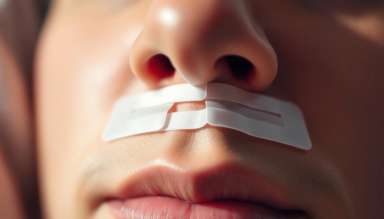 A close-up view of a person's nose with nasal strips applied, showcasing their effectiveness in reducing snoring. The image should have a vibrant, well-lit, and detailed appearance, capturing the subtle contours of the nose and the nasal strips themselves. The focus should be on the nasal strips, with a slight blurring of the background to emphasize the subject. The lighting should be soft and natural, creating a warm and inviting atmosphere. The overall impression should convey the idea that nasal strips can indeed help a person breathe better at night, addressing the central question of the article section.
