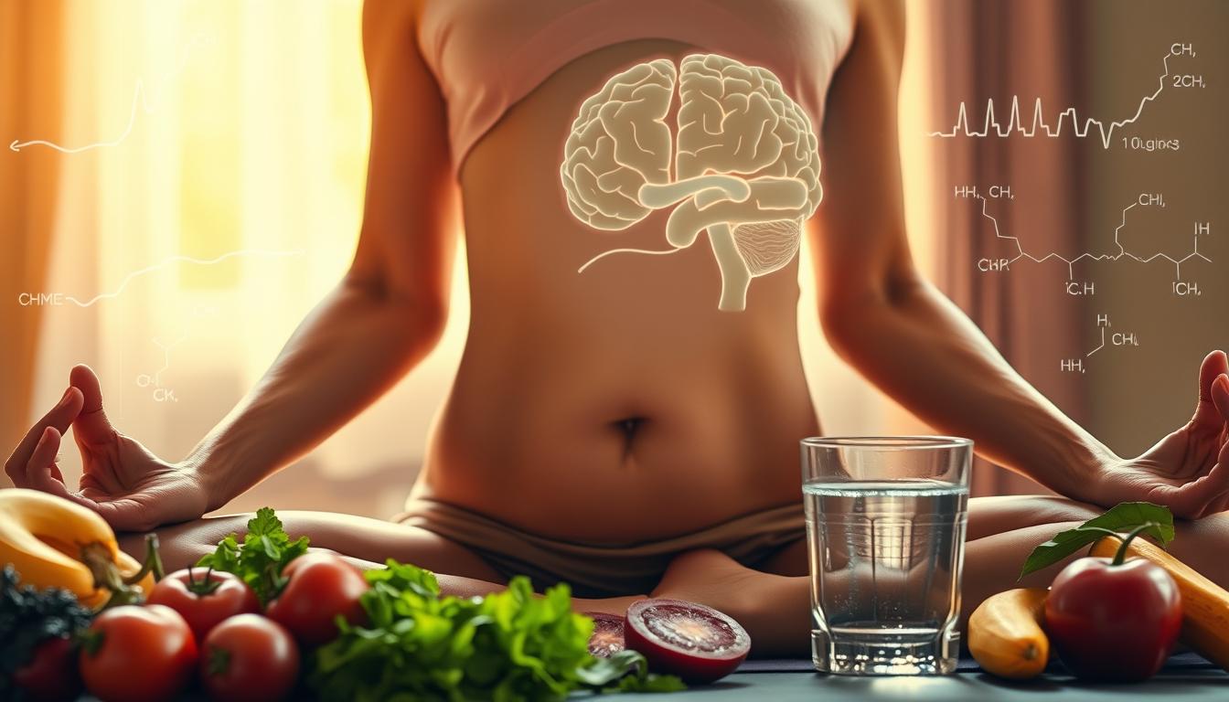 A close-up view of a person's torso, engaged in a focused yoga pose, surrounded by various healthy foods like fruits, vegetables, and a glass of water. The lighting is warm and natural, creating a serene, vibrant atmosphere. In the background, subtle visualizations of brain activity and chemical signals, representing the connection between the gut and the mind. The scene conveys a sense of mindfulness, balance, and the positive impact of exercise and nutritious eating on the body's CCK levels.