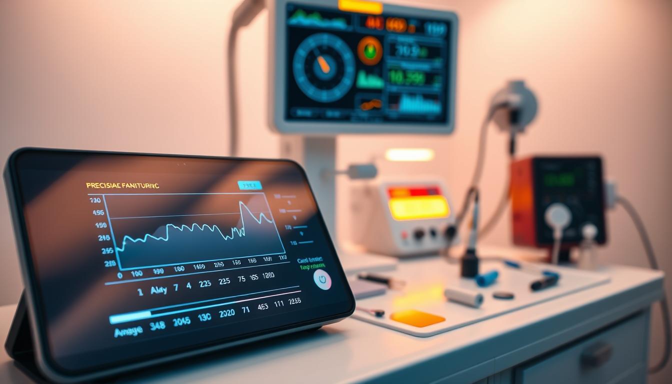 A close-up view of a precision medical dashboard displaying real-time metrics for monitoring pancreatic function. In the vibrant foreground, a sleek, high-resolution digital display shows a graph tracking key indicators like amylase and lipase levels. The middle ground features an array of specialized medical devices and sensors, arranged in a clean, minimalist layout. The background is bathed in a soft, clinical lighting that emphasizes the high-tech, state-of-the-art nature of the setup. The overall atmosphere conveys a sense of advanced, data-driven pancreatic health monitoring, supporting the optimization of pancreatic output.