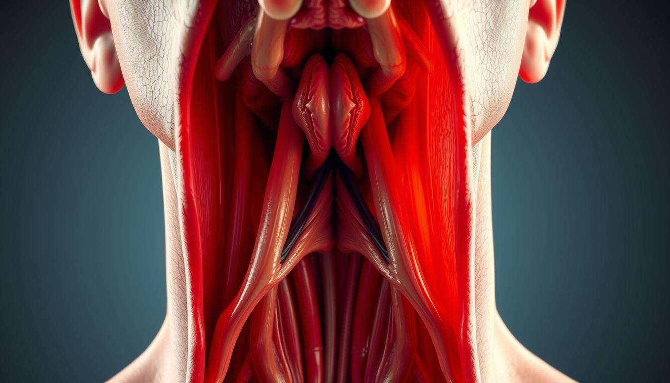 A close-up view of the human throat, revealing the intricate anatomy of the muscles and tissues. The larynx is prominently displayed, with the epiglottis and vocal cords visible. The image is rendered in vivid, lifelike detail, capturing the subtle textures and vibrant hues of the throat's inner structures. Soft, directional lighting illuminates the scene, creating a sense of depth and volume. The overall mood is educational and informative, conveying the physiological changes that occur in the throat due to the effects of alcohol consumption.