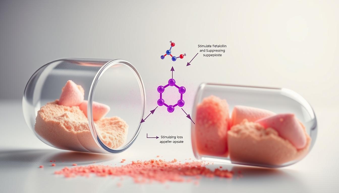 A close-up view of the inner workings of a weight loss supplement capsule, revealing its mechanism of action. The foreground shows a transparent capsule shell, with a vibrant, effervescent powder inside that represents the active ingredients. The middle ground features a detailed illustration of the molecular structure of the key compounds, such as forskolin, along with arrows and diagrams explaining their role in stimulating fat metabolism and suppressing appetite. The background is a minimalist, clean environment, with soft, diffused lighting that accentuates the scientific and technical nature of the scene. A close-up view of the inner workings of a weight loss supplement capsule, revealing its mechanism of action. The foreground shows a transparent capsule shell, with a vibrant, effervescent powder inside that represents the active ingredients. The middle ground features a detailed illustration of the molecular structure of the key compounds, such as forskolin, along with arrows and diagrams explaining their role in stimulating fat metabolism and suppressing appetite. The background is a minimalist, clean environment, with soft, diffused lighting that accentuates the scientific and technical nature of the scene.