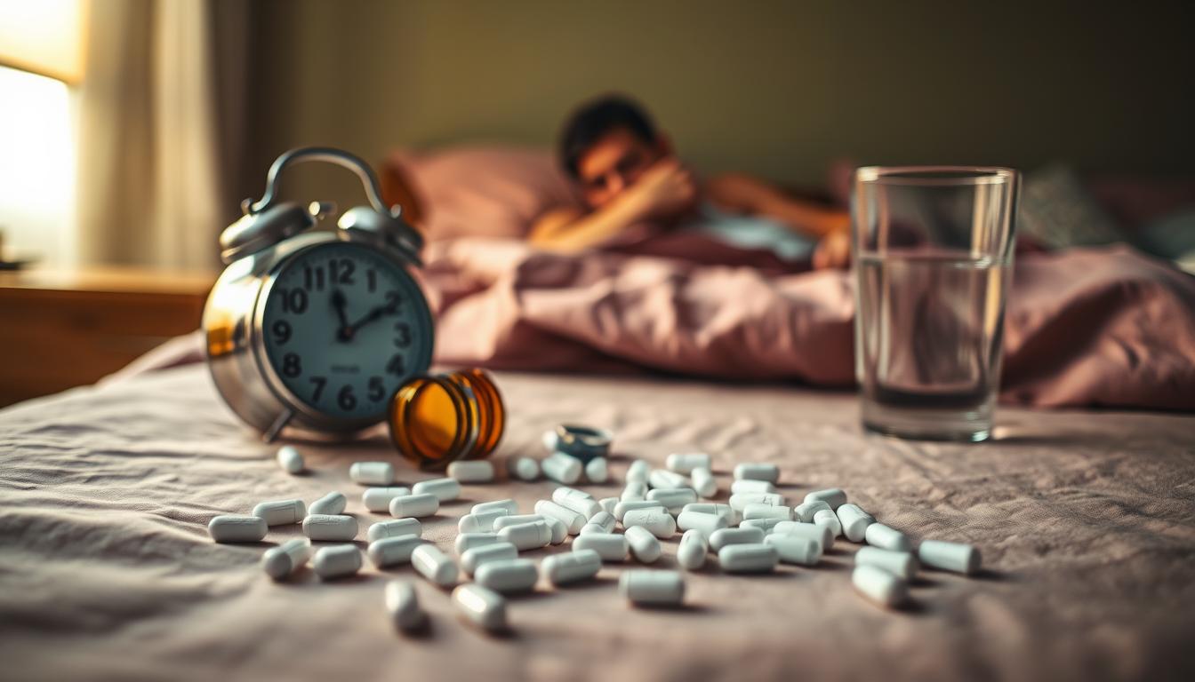 A cluttered bedside table with a bottle of sleeping pills, an alarm clock, and a glass of water against a muted, vibrant background. The pills are scattered haphazardly, suggesting their overuse. Soft, warm lighting casts a sleepy, melancholic atmosphere, while a vague, shadowy figure is barely visible in the background, representing the restless sleep and snoring effects. The scene conveys the myth that sleeping pills can effectively stop snoring, when in reality they may only mask the underlying issue.