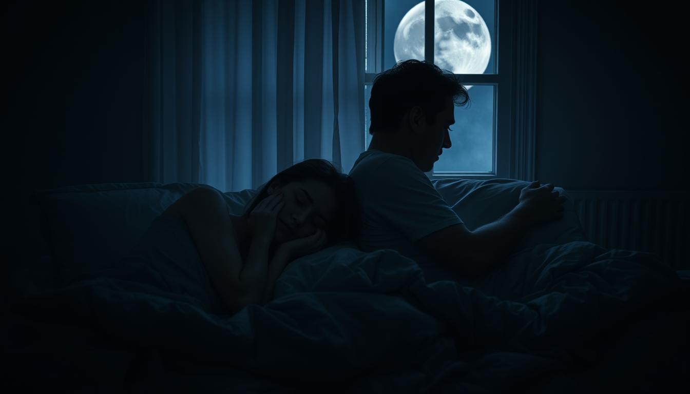 A couple lies exhausted in bed, their expressions strained and weary. Dim, muted lighting casts long shadows, creating an atmosphere of emotional fatigue. The woman's face is buried in her hands, while the man turns away, his posture hunched and defeated. The sheets are tangled, a visual metaphor for the disarray in their relationship. In the background, a half-open window allows slivers of vibrant moonlight to peek through, offering a glimmer of hope amidst the overwhelming sense of sleep deprivation and relationship strain.