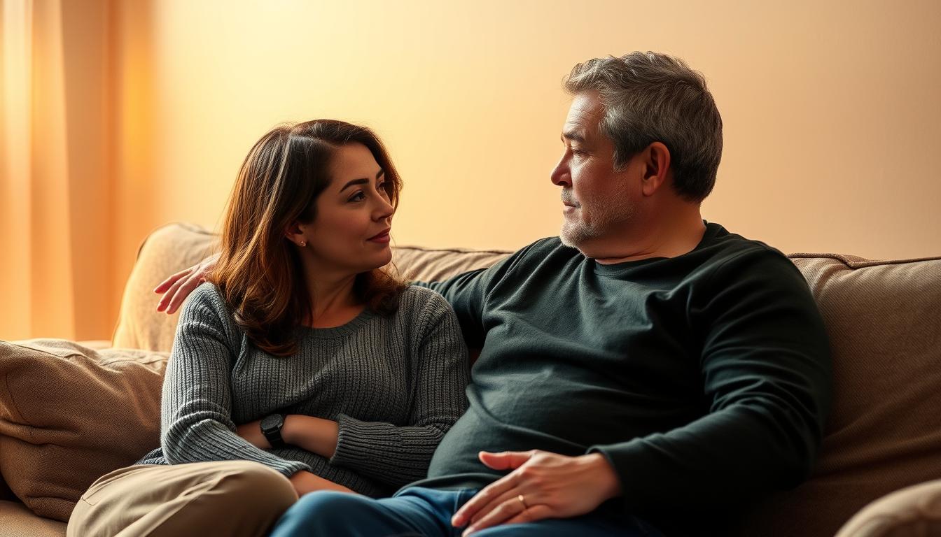 A couple sits on a couch, engaged in a supportive conversation. The woman listens intently, her body turned towards her partner, as he speaks with a sincere, open expression. Soft, warm lighting illuminates their faces, creating a intimate, nurturing atmosphere. The room is cozy, with muted colors and plush textiles, conveying a sense of comfort and understanding. The overall scene evokes a vibrant, yet soothing mood, reflecting the sensitive nature of their discussion about the partner's snoring.