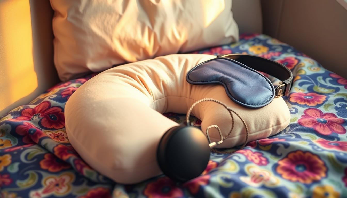 A cozy and serene travel setup featuring a soft, plush neck pillow, a comfortable sleep mask, and a set of high-quality noise-cancelling headphones. The accessories are arranged neatly on a vibrant, patterned blanket, creating a welcoming and relaxing atmosphere. Warm, diffused lighting casts a gentle glow, setting the scene for a peaceful in-flight or hotel nap. The overall composition conveys a sense of tranquility and rejuvenation, perfect for the "Sleep-Friendly Travel Gear You Didn't Know You Needed" section.