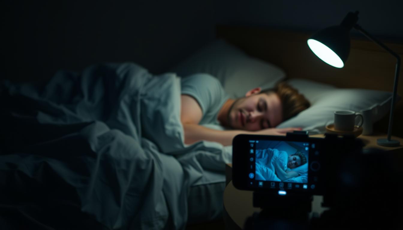 A cozy bedroom at night, with a sleeping figure under soft sheets. On a bedside table, a smartphone is recording video, its screen illuminated by a gentle lamp. The lighting is warm and atmospheric, casting a subtle glow over the scene. The camera lens is focused on the sleeping person, capturing the rhythmic movements and subtle sounds of their snoring. The overall mood is one of quiet, intimate observation, as if the viewer is participating in a secret documentation of this private moment.