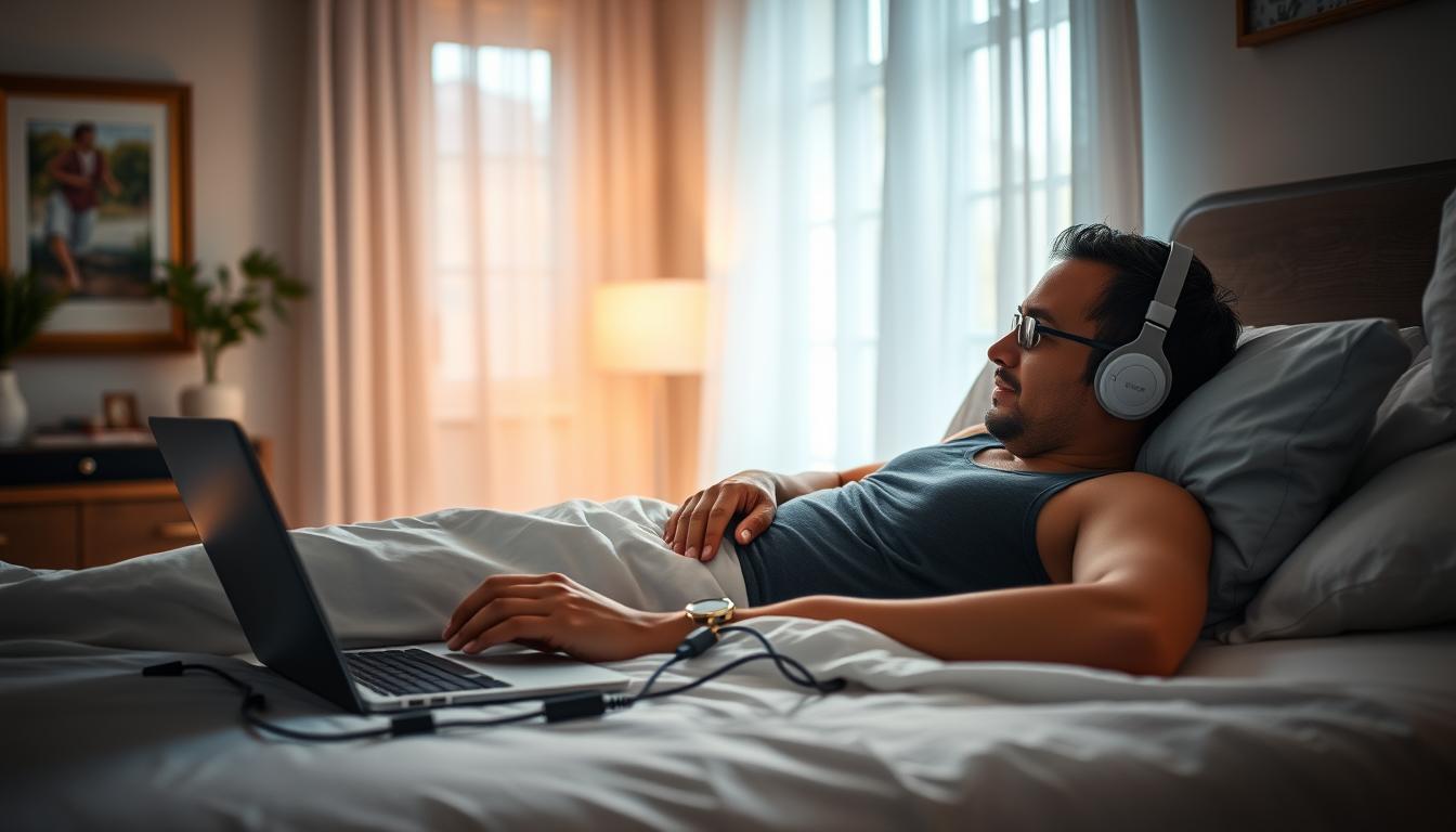 A cozy bedroom bathed in soft, vibrant lighting, with a person reclining on the bed, wearing sleep sensors and connected to a laptop or tablet, intently examining the results of a comprehensive sleep study conducted in the comfort of their own home. The scene exudes a sense of calm and focus, as the individual takes proactive steps to understand the root cause of their snoring and its impact on their relationship. The arrangement of the equipment and the attentive pose of the subject suggest a thorough, scientifically-driven approach to addressing this common issue.