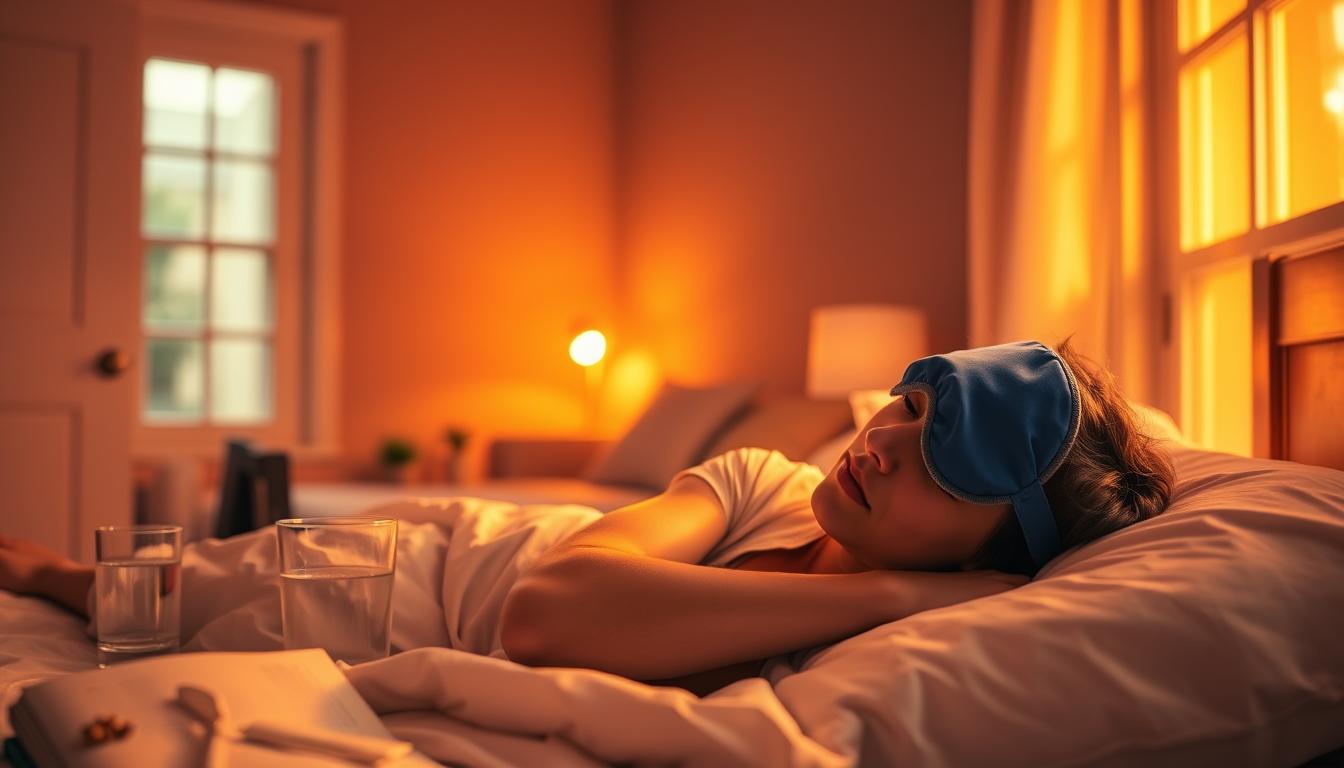 A cozy bedroom bathed in warm, vibrant lighting. In the foreground, a person resting comfortably on their side, a sleep mask and nasal dilator in place, signifying lifestyle changes to reduce snoring. The middle ground features a bedside table with a glass of water and a book, hinting at a calming, sleep-promoting environment. In the background, subtle silhouettes of household items like a humidifier and an open window, emphasizing the importance of a sleep-optimized space. The overall atmosphere conveys a sense of relaxation and wellness, showcasing effective, non-invasive solutions to address the issue of snoring.