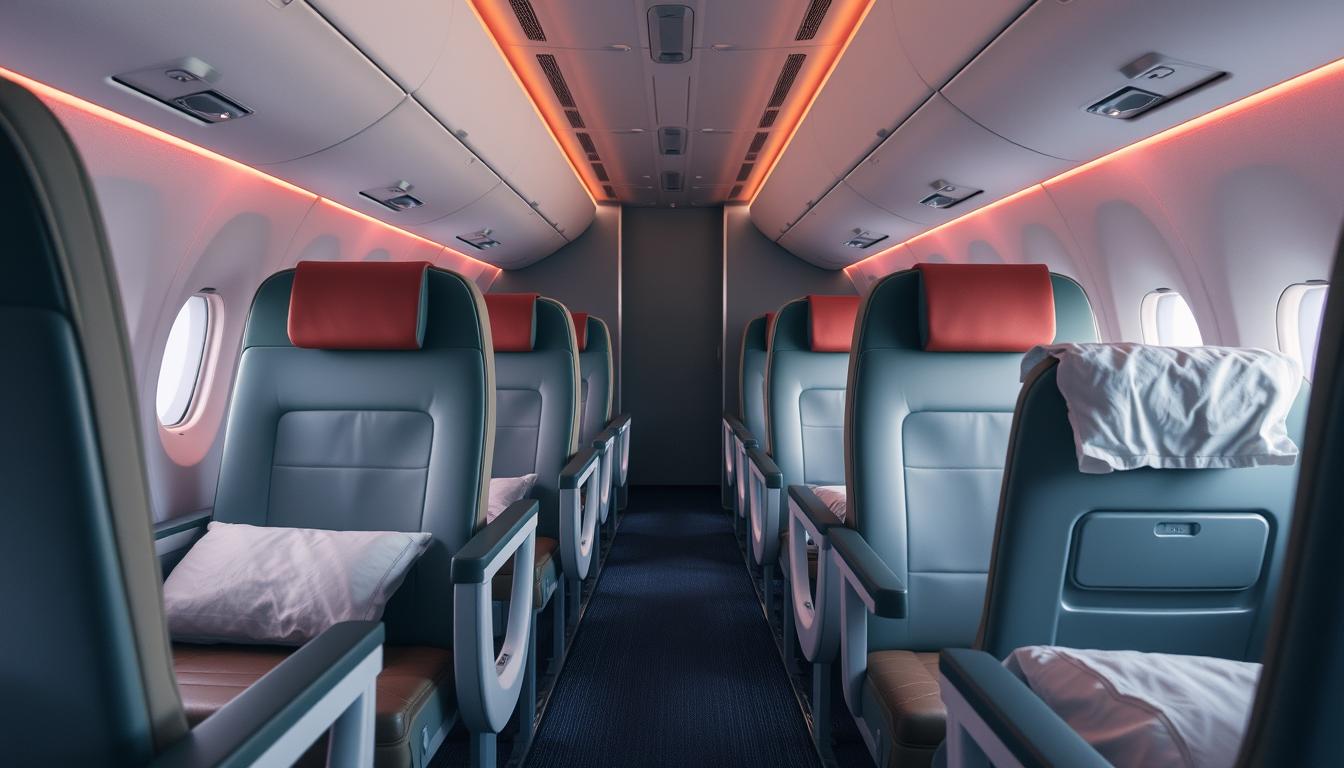 A cozy, well-designed airplane cabin interior with thoughtful seating arrangements for optimal sleep. Plush, adjustable seats in a vibrant color palette, strategically positioned to minimize noise and maximize personal space. Subtle ambient lighting and muted tones create a calming, restful atmosphere. Ergonomic headrests and ample legroom invite passengers to sink into a comfortable, snore-free slumber. Carefully curated layout and furnishings showcase innovative solutions for plane-specific sleep challenges, inspiring a peaceful in-flight experience.