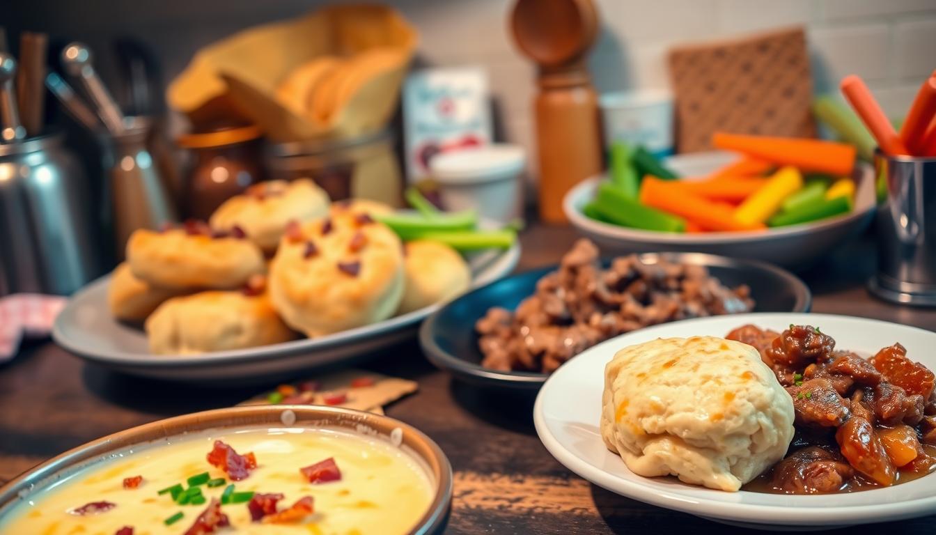 A cozy, well-lit kitchen scene showcasing a variety of keto-friendly comfort foods. In the foreground, a steaming bowl of creamy, cheesy cauliflower soup, garnished with crispy bacon bits and fresh chives. Beside it, a plate of savory, golden-brown keto-friendly biscuits, flaky and buttery. In the middle ground, a hearty, slow-cooked beef stew, rich in flavor and thickened with low-carb vegetables. The background features a selection of keto-approved snacks, such as crunchy keto-friendly crackers and a platter of fresh, vibrant-colored keto-friendly vegetables for dipping. The lighting is warm and inviting, creating a cozy, comforting atmosphere that celebrates the delicious possibilities of keto cuisine.