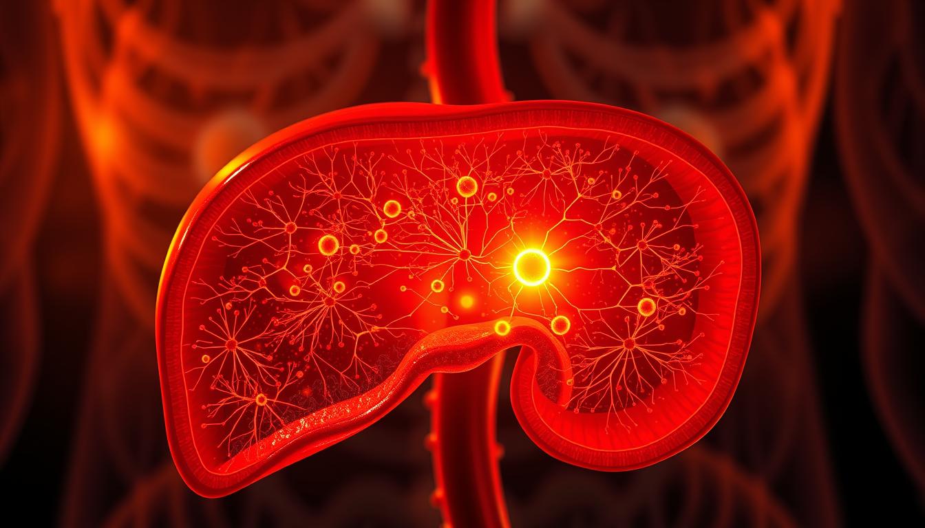 A cross-section of a human liver, illuminated by warm, vibrant lighting. In the foreground, intricate metabolic pathways and molecular structures depicting the process of ketone production, with a focus on the conversion of fatty acids into ketone bodies. The middle ground showcases the liver's intricate architecture, including the hepatic lobules and sinusoids, while the background fades into a soft, ethereal blur, creating a sense of depth and focus on the central metabolic processes. The image should convey a sense of scientific exploration and the underlying mechanisms that drive the ketosis phenomenon.