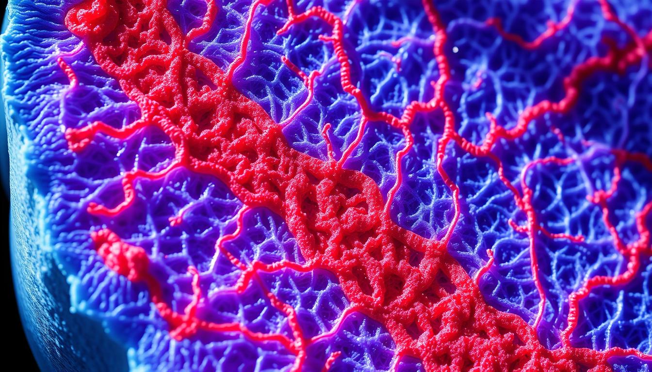 A cross-section of densified, interlaced fascia fibers in vibrant shades of blue, purple, and red. The intricate network of collagen bundles and ground substance appears compressed and thickened, with a sense of tension and rigidity. Bright, directional lighting casts dramatic shadows, highlighting the complex, web-like structure. The image conveys a scientific, yet visually captivating representation of the cellular changes underlying fascia dysfunction. A cross-section of densified, interlaced fascia fibers in vibrant shades of blue, purple, and red. The intricate network of collagen bundles and ground substance appears compressed and thickened, with a sense of tension and rigidity. Bright, directional lighting casts dramatic shadows, highlighting the complex, web-like structure. The image conveys a scientific, yet visually captivating representation of the cellular changes underlying fascia dysfunction.