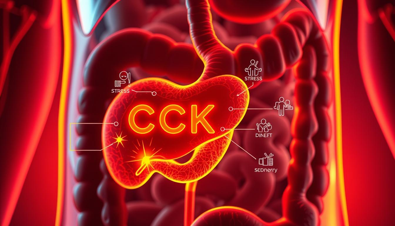 A cross-section of the digestive system, prominently featuring the pancreas and surrounding organs. In the foreground, a detailed illustration of the cholecystokinin (CCK) hormone, glowing with a vibrant, neon-like energy. The middle ground depicts the various modern lifestyle factors that can influence CCK levels, such as stress, poor diet, and sedentary behavior, all rendered in a stylized, almost data visualization-esque manner. The background showcases the broader anatomical context, with the stomach, intestines, and other relevant structures visible in a muted, technical style. Warm, vibrant lighting illuminates the scene, creating a sense of scientific exploration and discovery. A cross-section of the digestive system, prominently featuring the pancreas and surrounding organs. In the foreground, a detailed illustration of the cholecystokinin (CCK) hormone, glowing with a vibrant, neon-like energy. The middle ground depicts the various modern lifestyle factors that can influence CCK levels, such as stress, poor diet, and sedentary behavior, all rendered in a stylized, almost data visualization-esque manner. The background showcases the broader anatomical context, with the stomach, intestines, and other relevant structures visible in a muted, technical style. Warm, vibrant lighting illuminates the scene, creating a sense of scientific exploration and discovery.