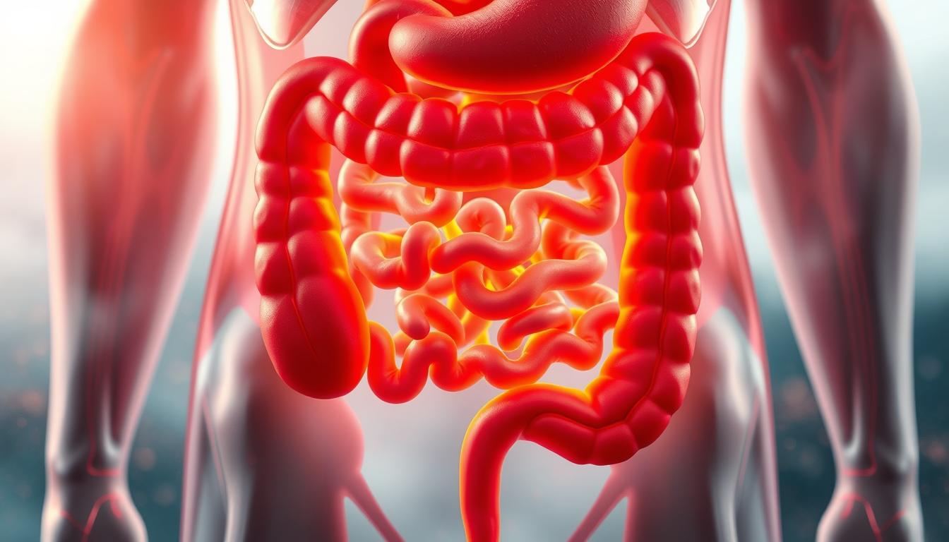 A cross-section of the human abdomen, showcasing the digestive system. In the foreground, the pancreas and gallbladder stand out, highlighted by a warm, vibrant lighting. The middle ground features the small intestine, where the interaction between fats, cholecystokinin (CCK), and ketosis is taking place. The background blurs into a hazy, ethereal landscape, emphasizing the complex physiological processes at work. The image conveys a sense of scientific curiosity and the intricate relationship between dietary choices, hormonal regulation, and metabolic adaptation.