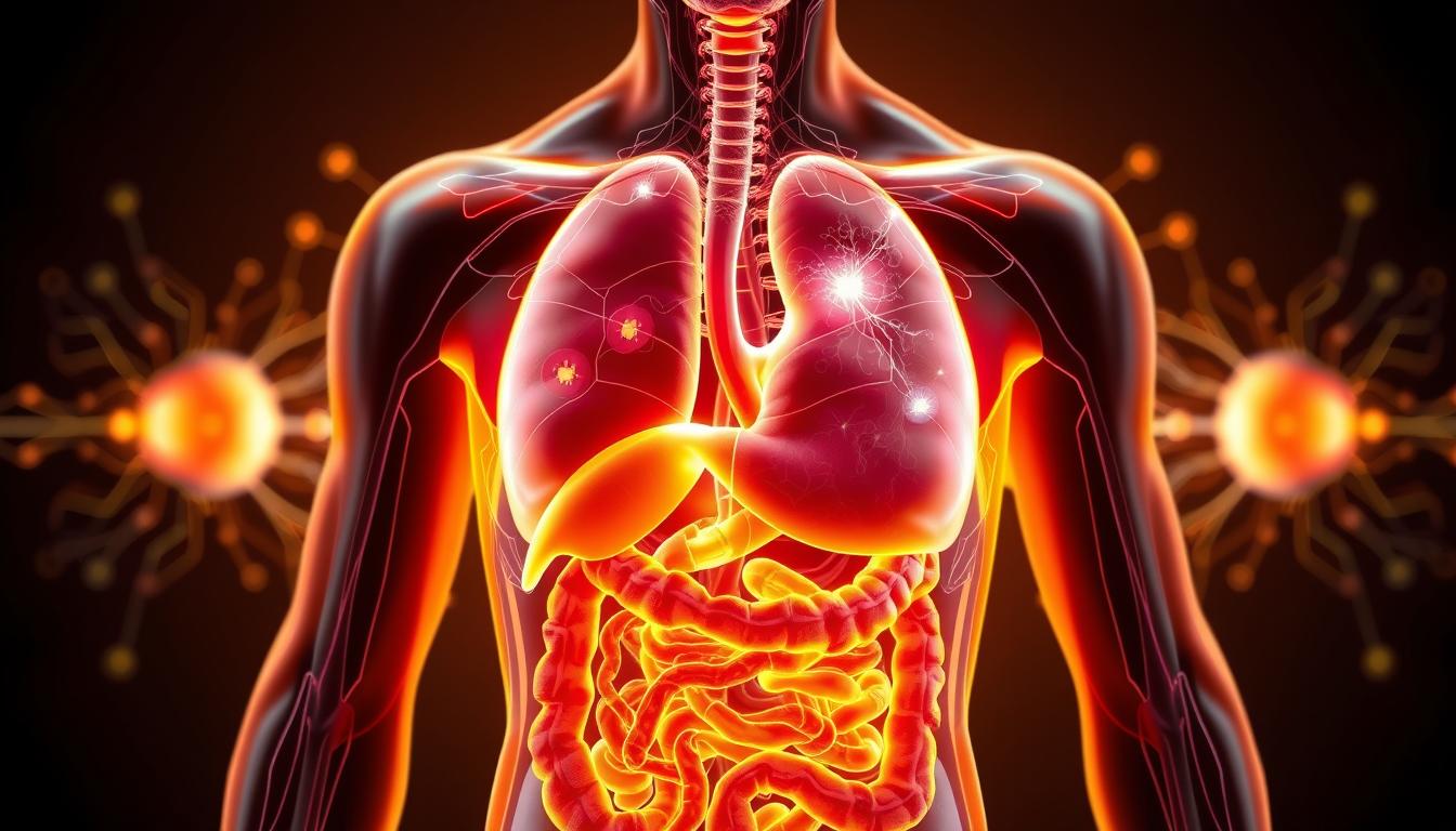 A cross-section of the human body, showcasing the intricate hormonal pathways that regulate weight management. In the foreground, a detailed illustration of the digestive system, with the gastrointestinal tract prominently featured. The middle ground depicts the endocrine system, with the pancreas, thyroid, and adrenal glands highlighted, each emitting vibrant, glowing hues. In the background, a stylized representation of the brain, with neural networks pulsing with energy, reflecting the central role of the hypothalamus in hormone regulation. The overall scene is illuminated by a warm, natural light, creating a sense of depth and vitality. The image conveys the complex, interconnected nature of the hormonal landscape that governs weight management.